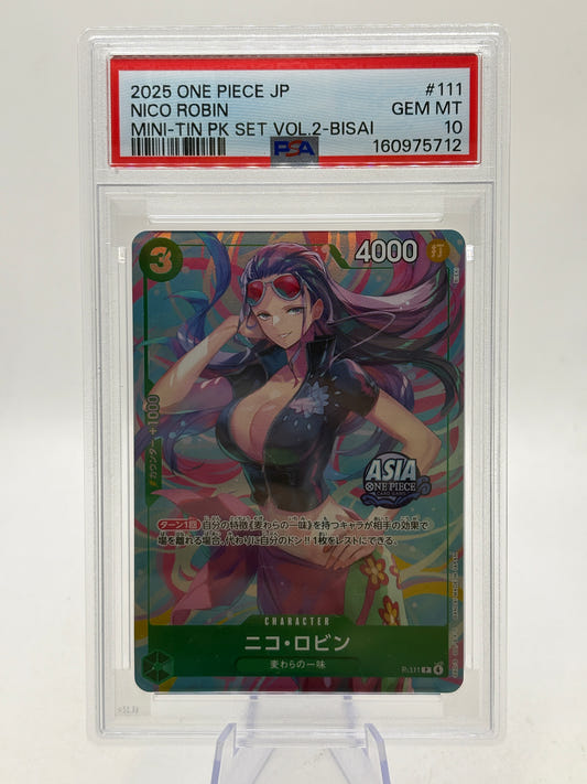 2025 ONE PIECE JAPANESE MINI-TIN PACK SET VOL.2 BISAI #111 NICO ROBIN PSA 10