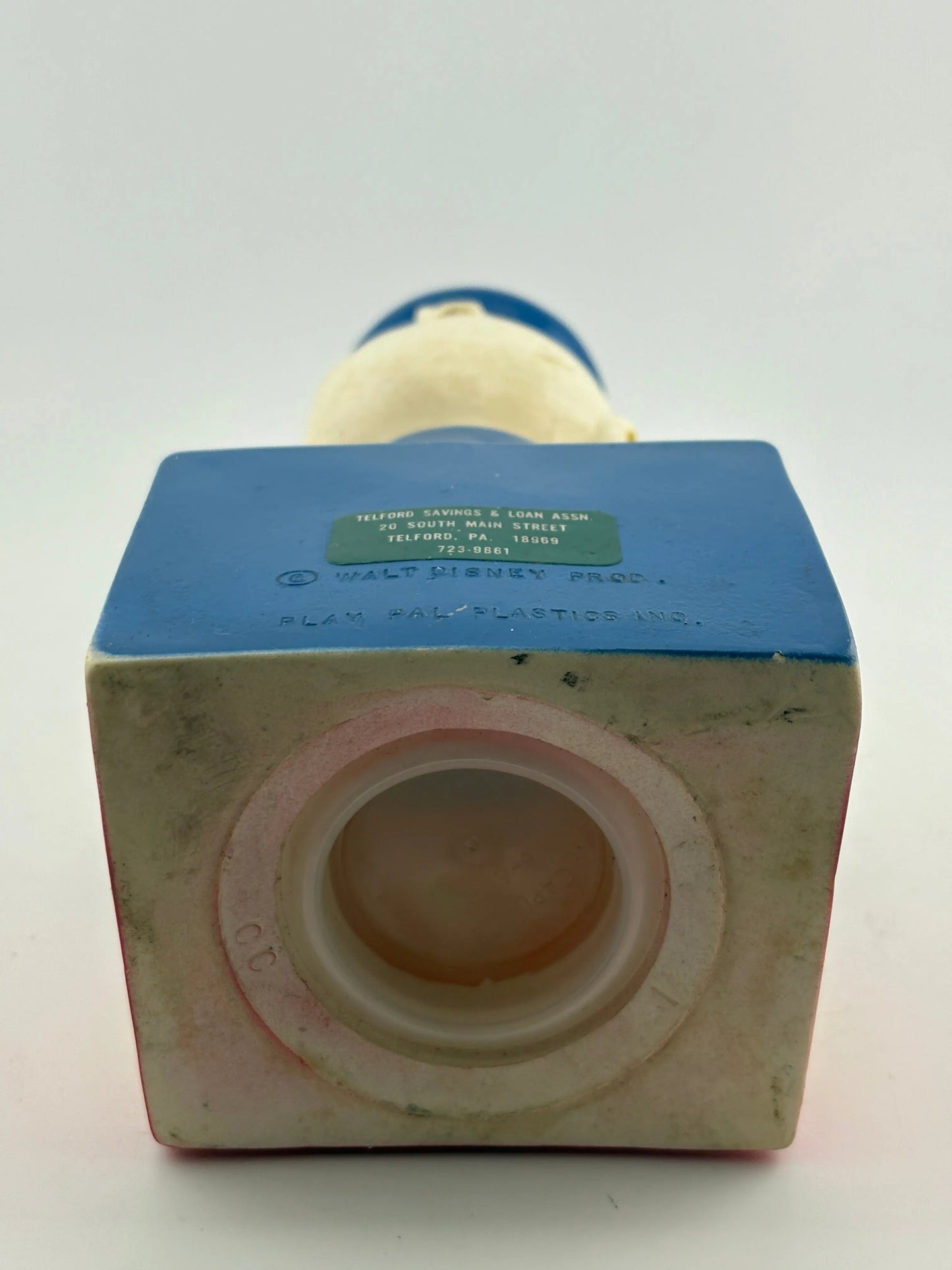 Vintage 1950's Walt Disney Productions DONALD DUCK 8" Plastic Coin Piggy Bank FRENLY BRICKS - Open 7 Days