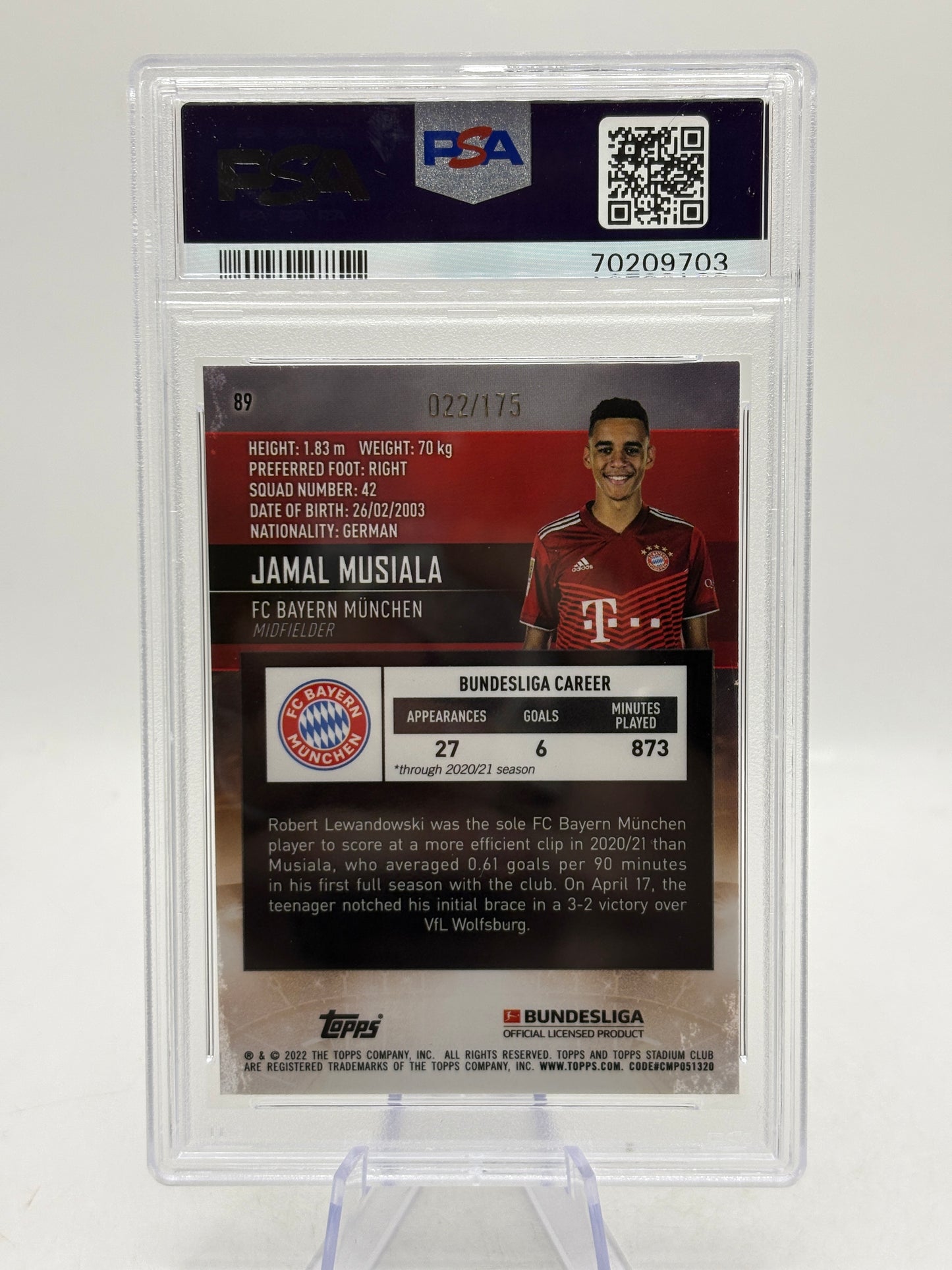 2021-22 Stadium Club Bundesliga Jamal Musiala Aqua/Green Electric 22/175 PSA 9