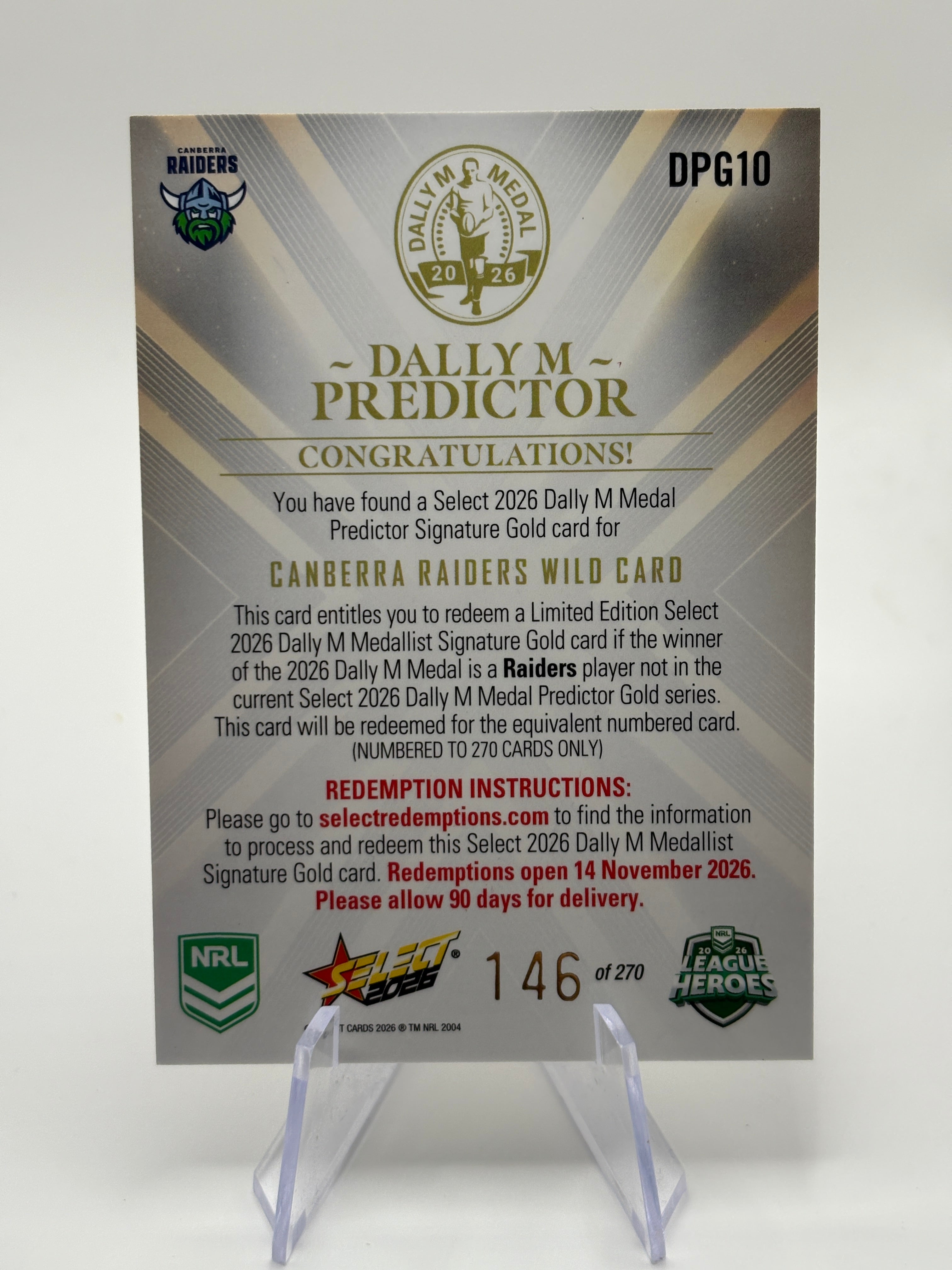 Select 2026 NRL League Heroes Dally M Predictor Gold /270 Raiders Wild Card (1) FRENLY BRICKS - Open 7 Days