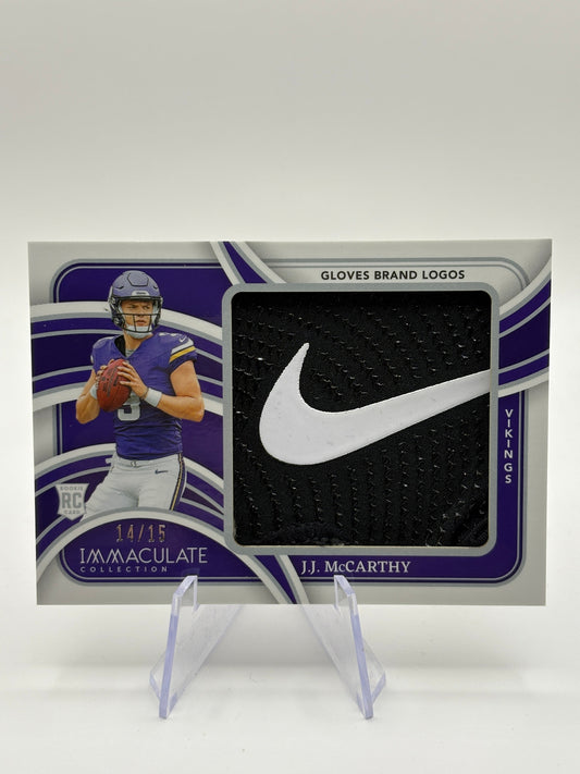 J.J. McCarthy 2024 Panini Immaculate #RJL-JMY Rookie Gloves Brand Logos /15 RC FRENLY BRICKS - Open 7 Days
