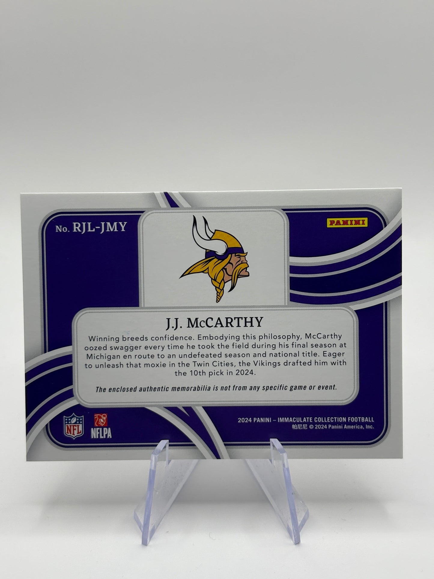 J.J. McCarthy 2024 Panini Immaculate #RJL-JMY Rookie Gloves Brand Logos /15 RC FRENLY BRICKS - Open 7 Days