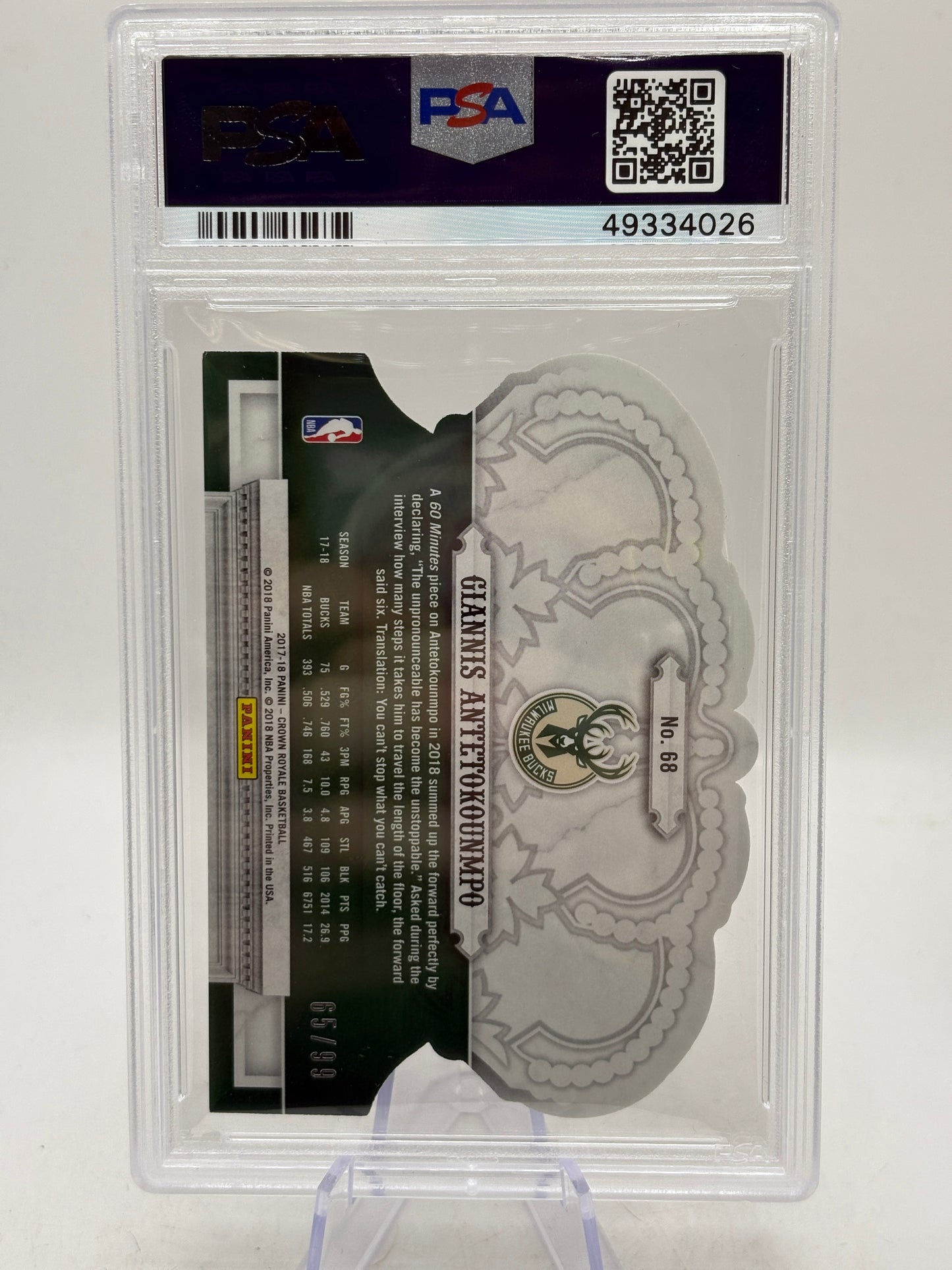 2017 Panini Crown Royale Giannis Antetokounmpo Crystal /99 PSA 9 Mint