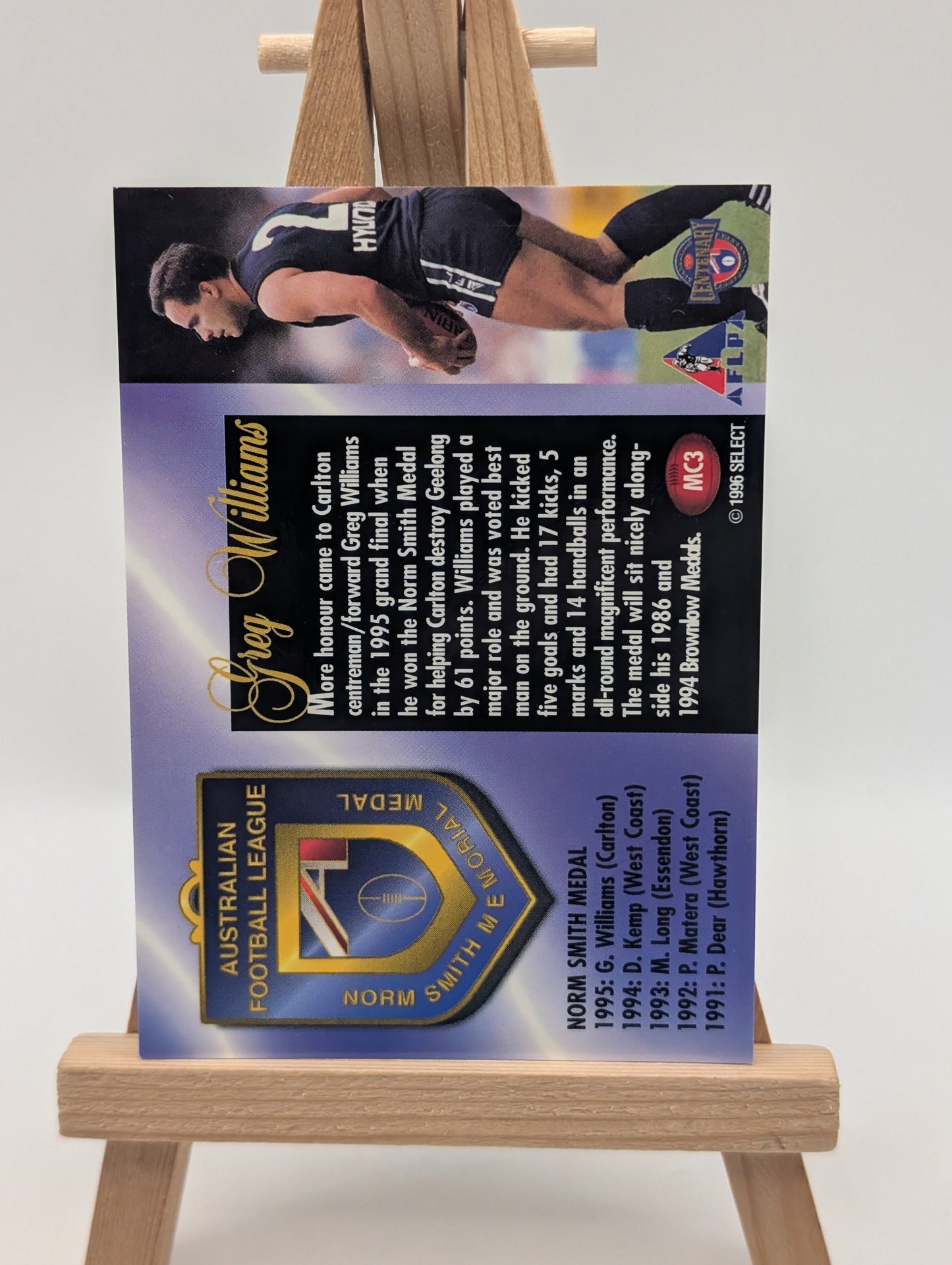 1996 Select AFL Trading Card Series 1 Medal Card MC3 Greg Williams ( Norm Smith) FRENLY BRICKS - Open 7 Days