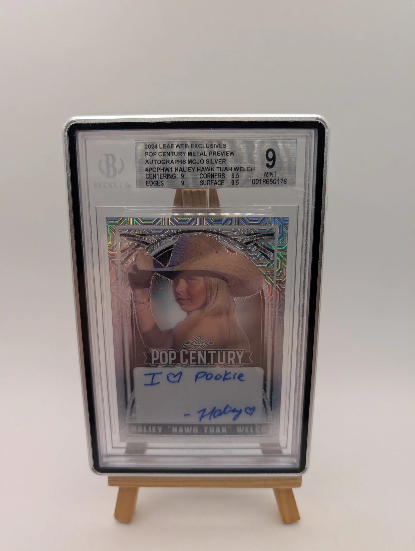Haliey "Hawk Tuah" Welch 2024 Leaf #HW1 Kaleido Silver /30 Auto BGS 9 FRENLY BRICKS - Open 7 Days