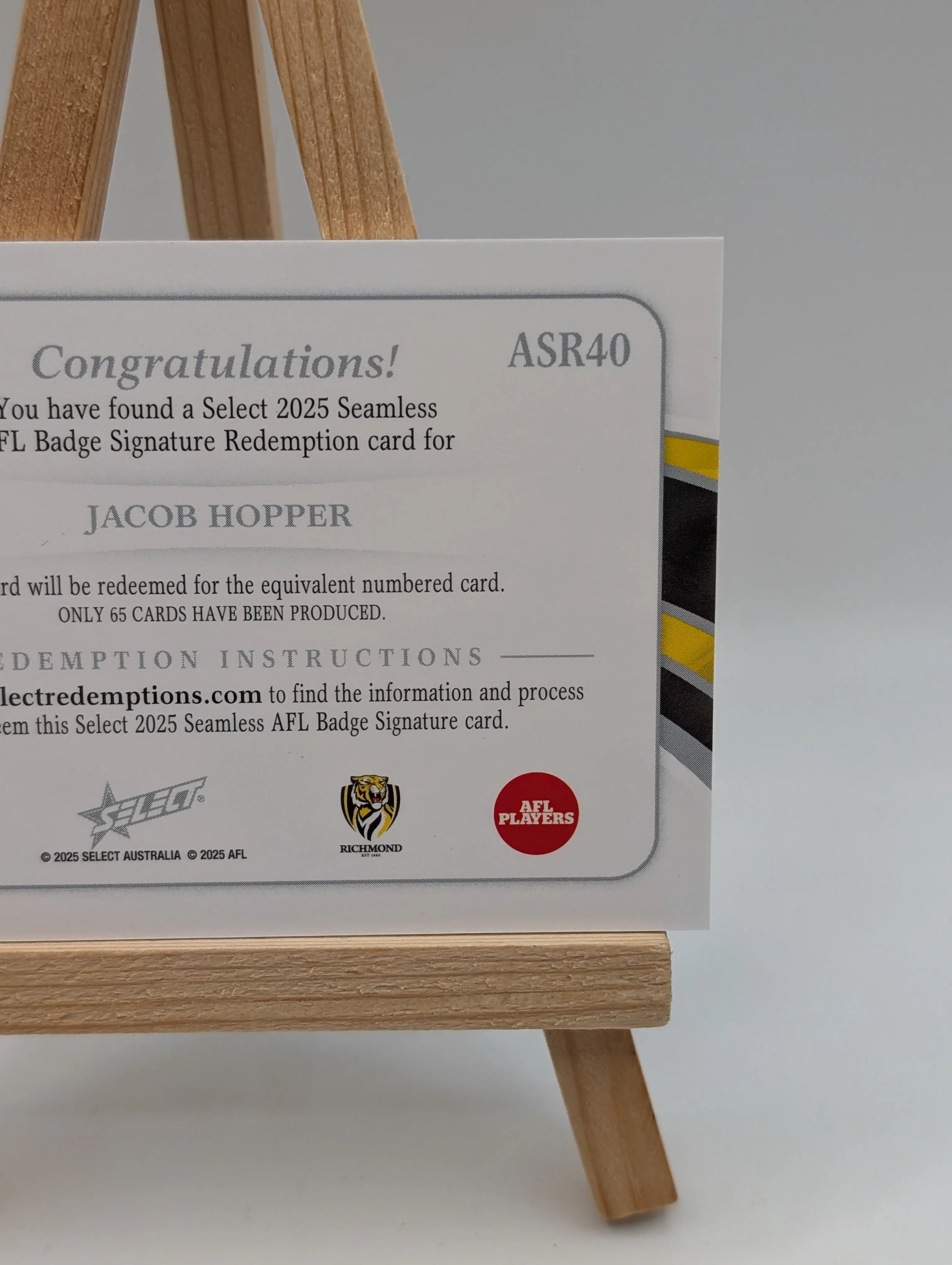 2026 AFL Select Seamless Jacob Hopper AFL Badge Signature Redemption /65 FRENLY BRICKS - Open 7 Days