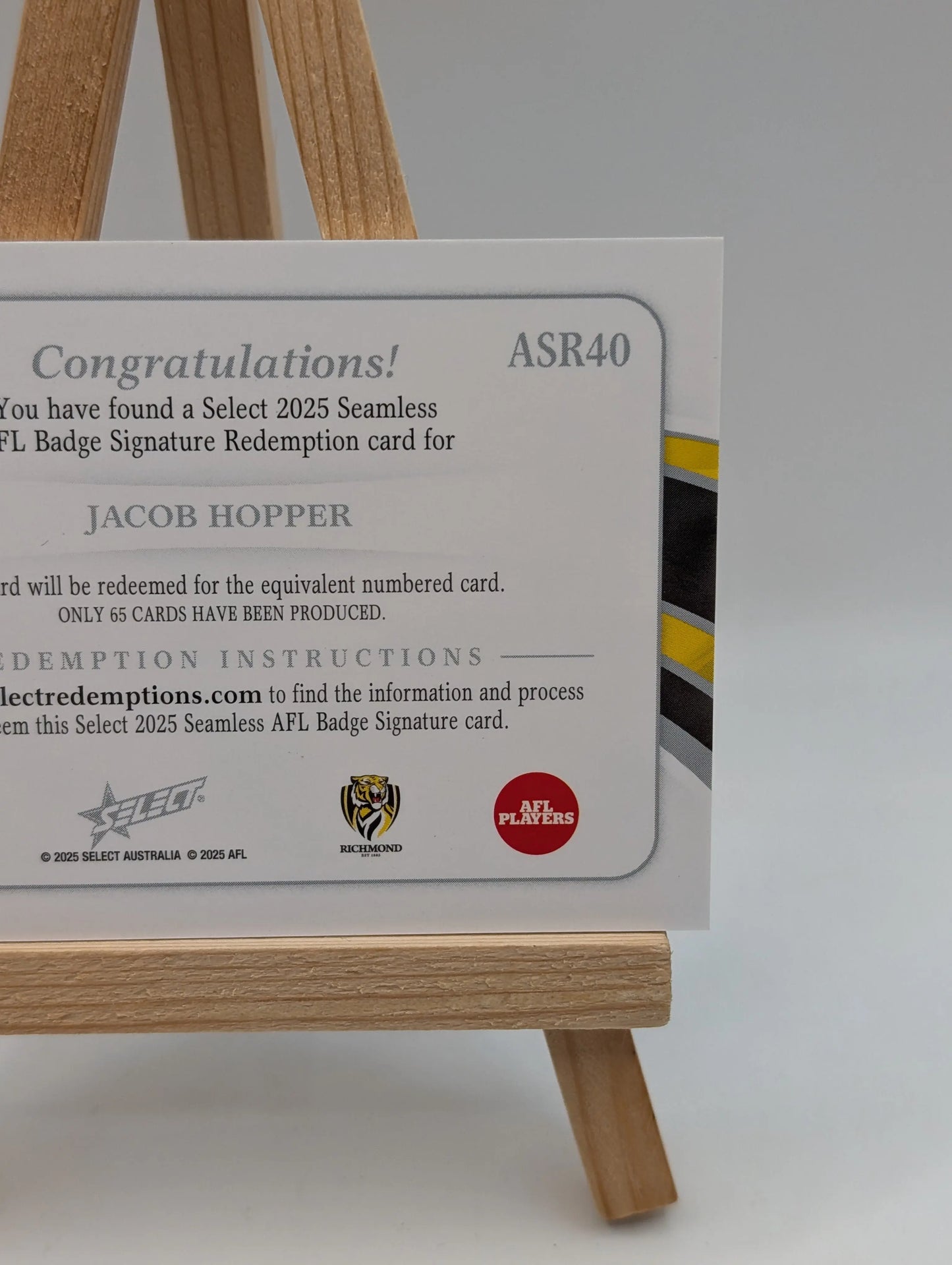 2026 AFL Select Seamless Jacob Hopper AFL Badge Signature Redemption /65 FRENLY BRICKS - Open 7 Days