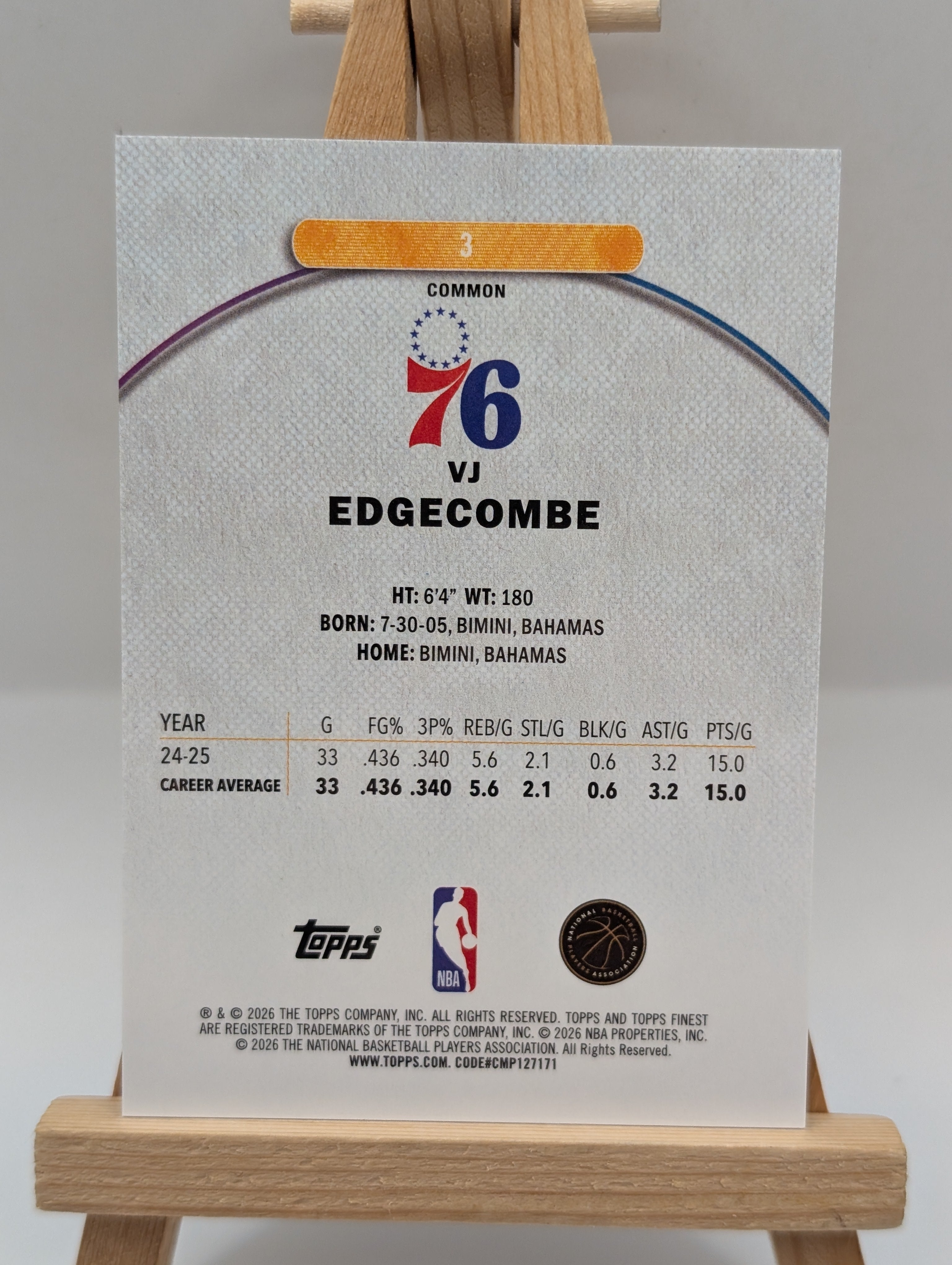 2025-26 Topps Finest - Common VJ Edgecombe #3 Blue Refractor /200 (RC)! FRENLY BRICKS - Open 7 Days