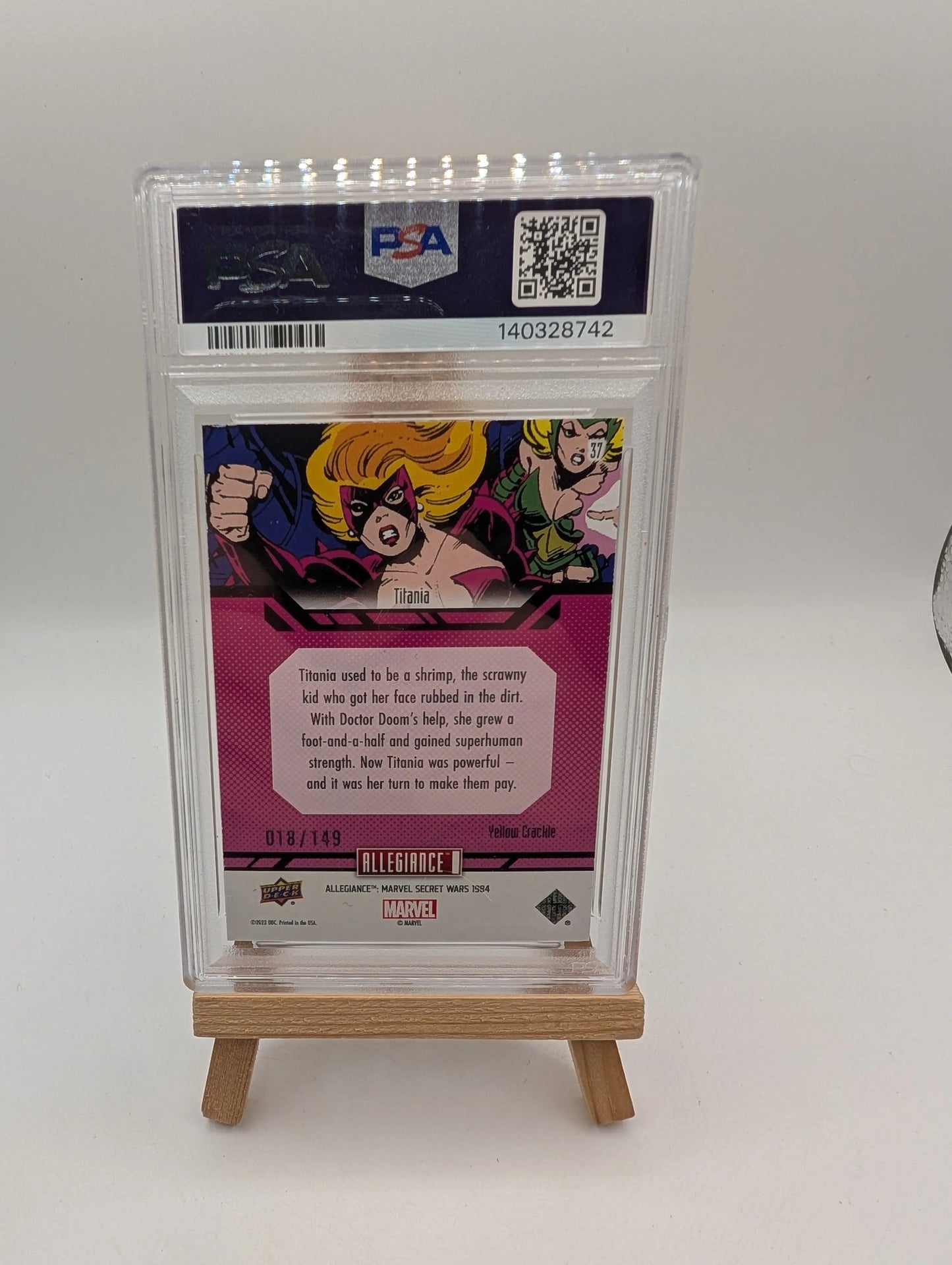 Titania 2023 UD Marvel Secret Wars 1984 Yellow Crackle Alpha /149 Card #37 PSA 100 FRENLY BRICKS - Open 7 Days