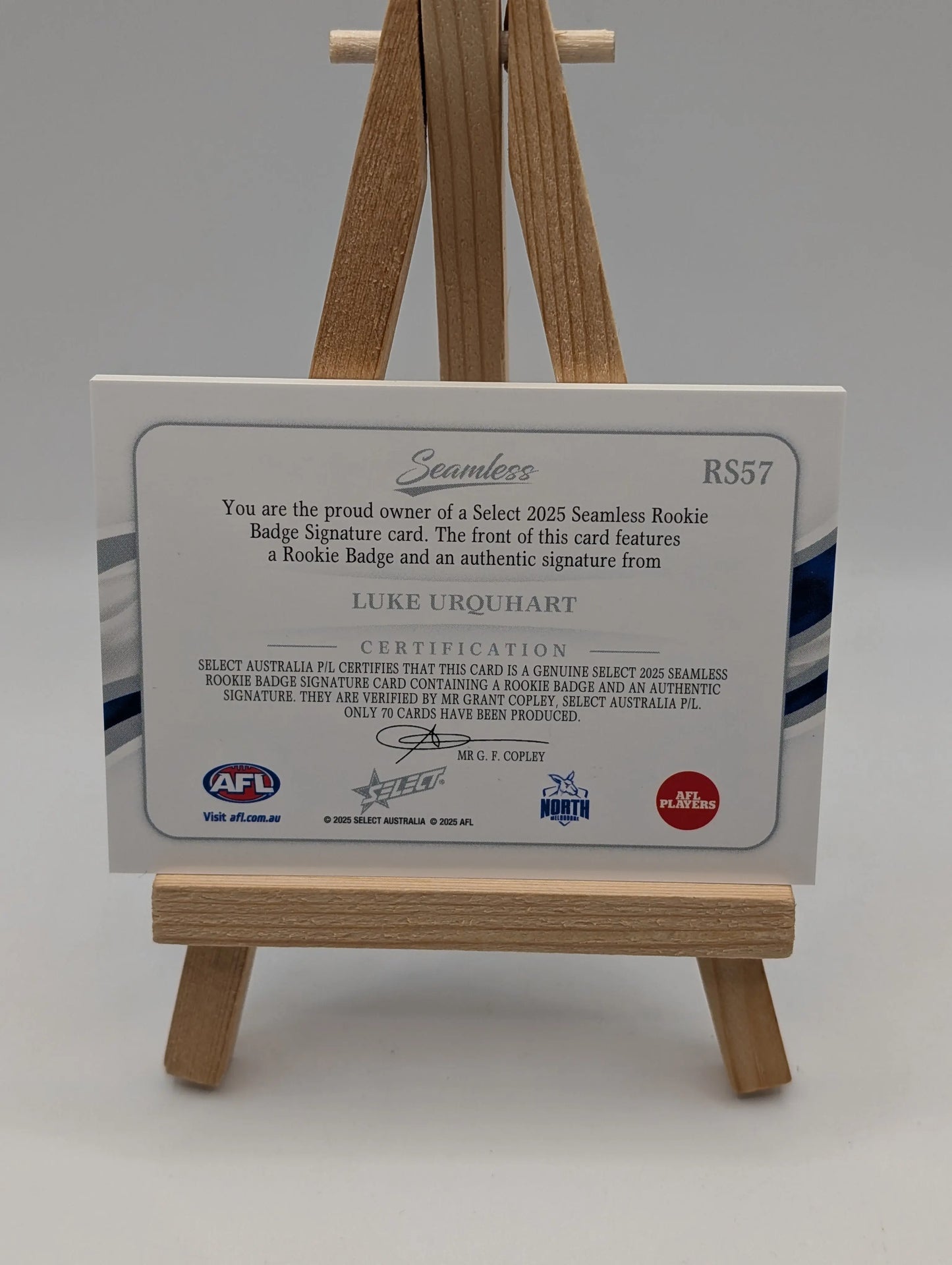 2025 AFL Select Seemless Rookie Badge Auto Luke Urquhart North Melbourne RC /70 FRENLY BRICKS - Open 7 Days