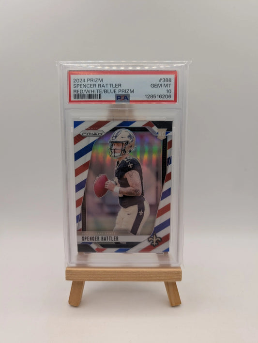 2024 PANINI PRIZM RED/WHITE/BLUE PRIZM #388 SPENCER RATTLER ROOKIE RC PSA 10 FRENLY BRICKS - Open 7 Days