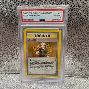 Lt Surge Pokemon Gym Heroes Holo 2000 TCG Vtg PSA 8 NM-MT #17 FRENLY BRICKS - Open 7 Days