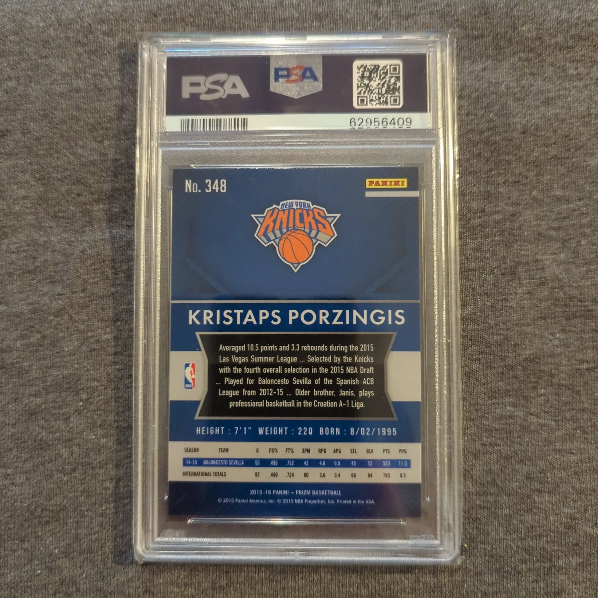 2015-16 Panini Prizm Kristaps Porzingis #348 Base Rookie RC PSA 9 Mint FRENLY BRICKS - Open 7 Days