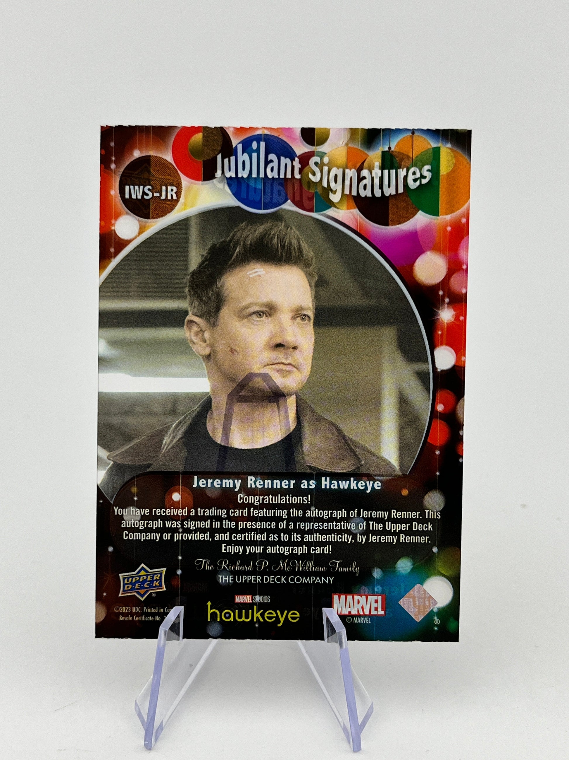Upper Deck Marvel Studios Hawkeye - Jubilant Signatures /25 Jeremy Renner as Hawkeye Auto FRENLY BRICKS - Open 7 Days