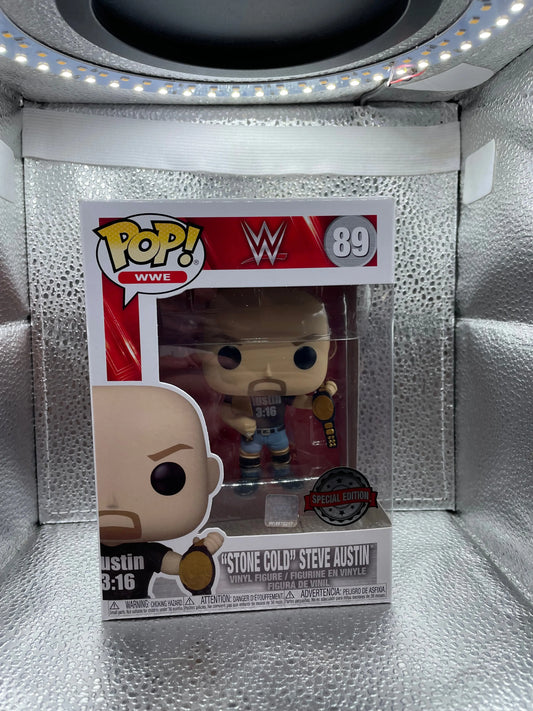 POP VINYL FIGURE "STONE COLD" STEVE AUSTIN w TWO BELTS - WWE 89 FRENLY BRICKS - Open 7 Days