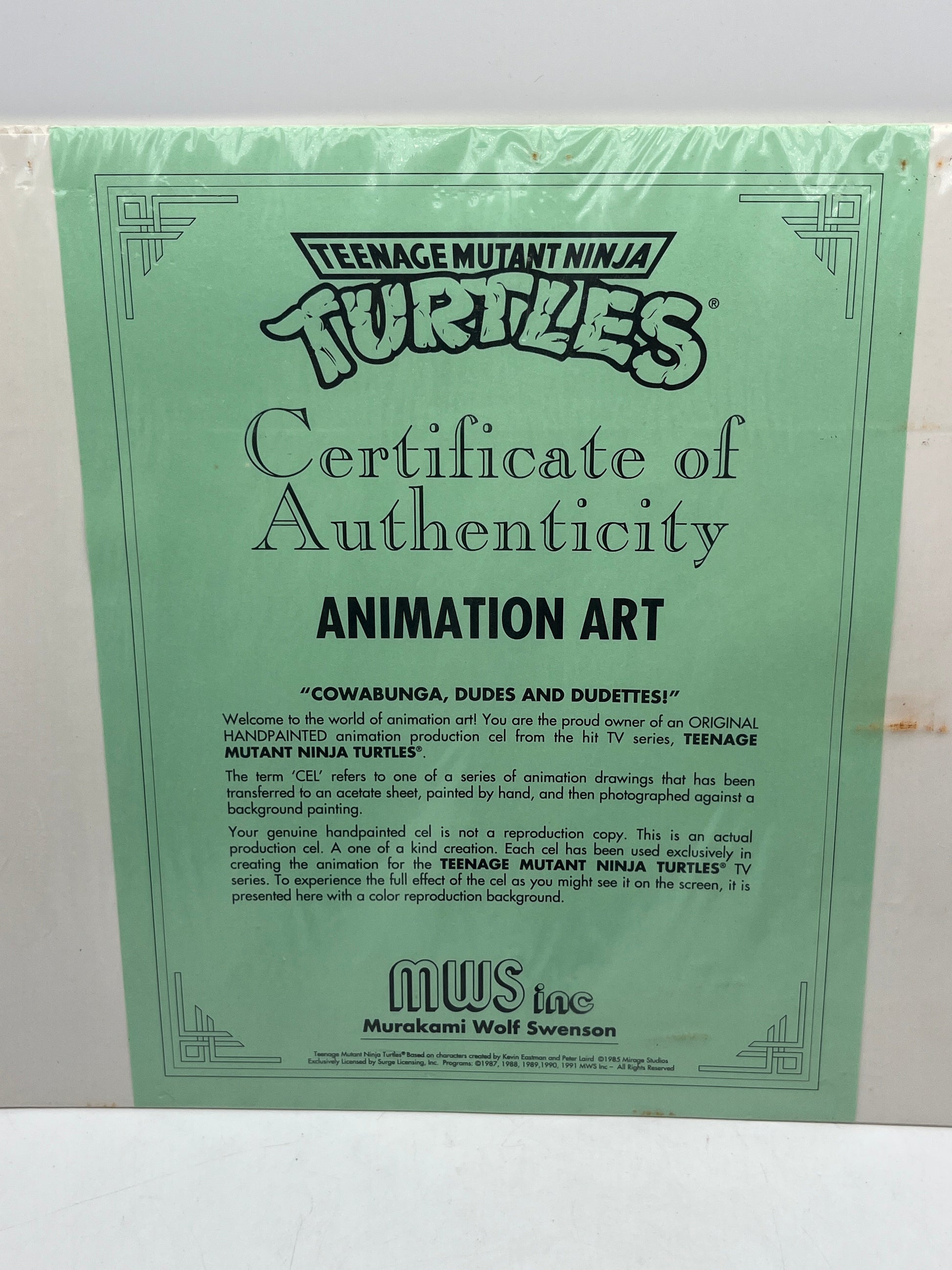 Teenage Mutant Ninja Turtles, Animation Production Cel MWS (1991) W/COA Leonardo FRENLY BRICKS - Open 7 Days