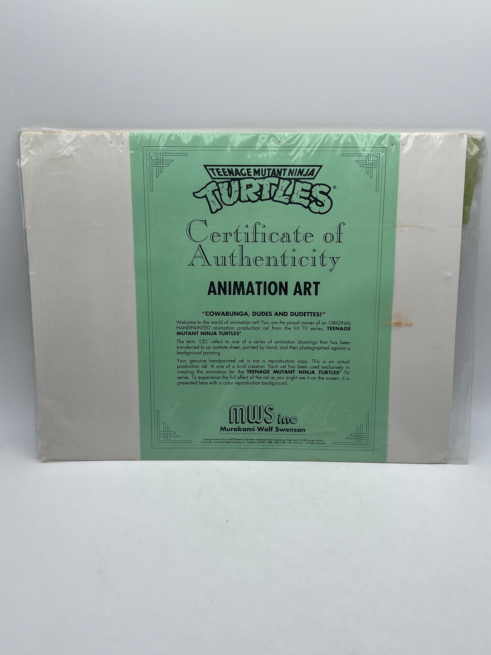 Teenage Mutant Ninja Turtles, Animation Production Cel MWS (1991) W/COA Leonardo FRENLY BRICKS - Open 7 Days