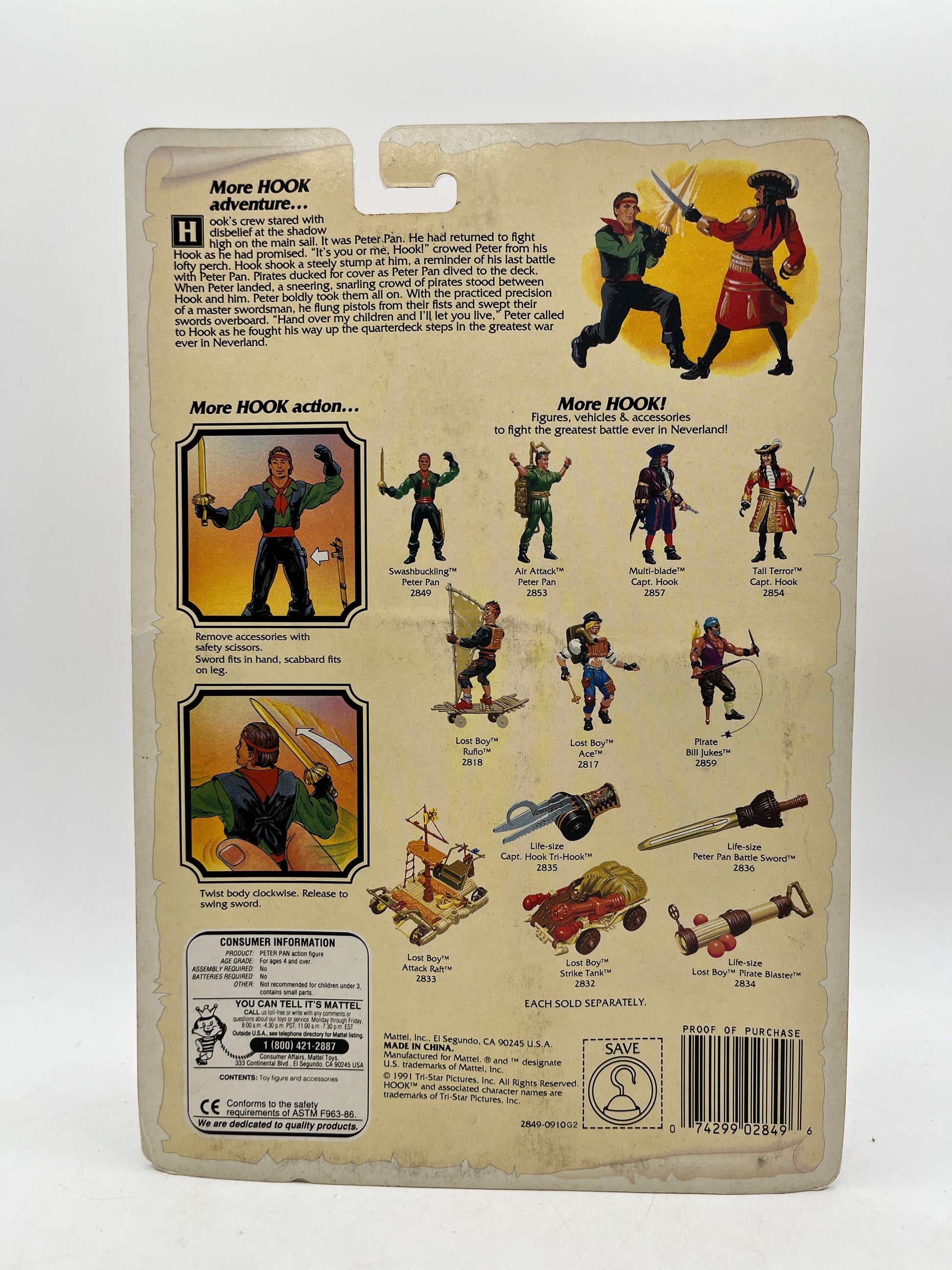 Vintage 1991 HOOK Movie Swashbuckling PETER PAN Toy Action Figure - Sealed FRENLY BRICKS - Open 7 Days