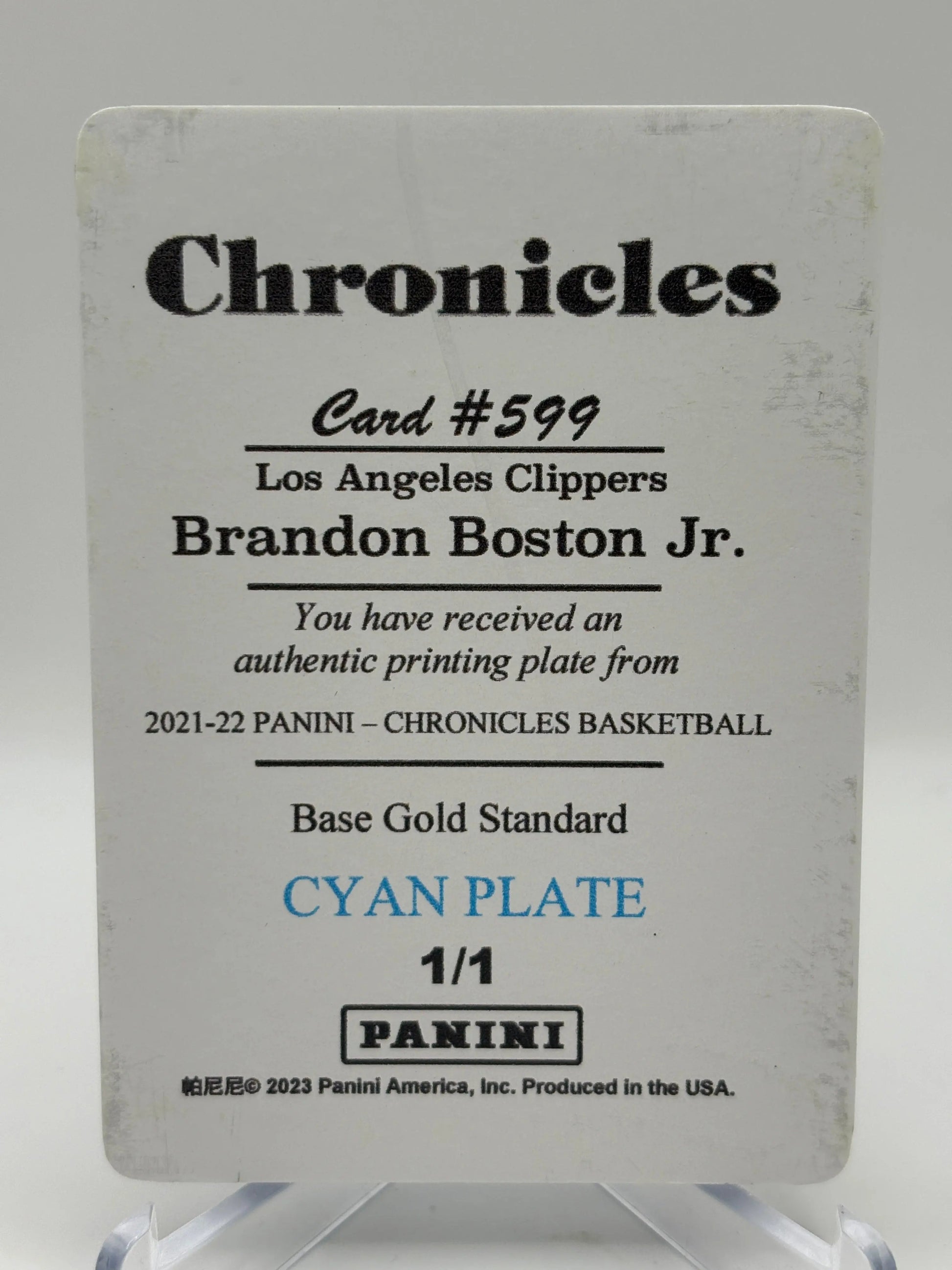2023 Panini Chronicles Los Angeles Clippers Brandon Boston Jr. #599 Cyan Plate 1/1 FRENLY BRICKS - Open 7 Days