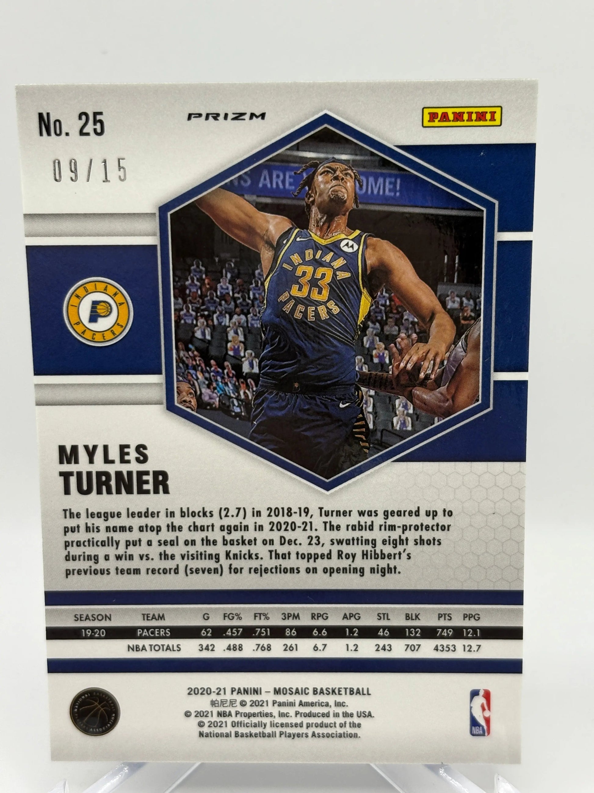 2020-21 Panini Mosaic Basketball #25 Myles Turner /15 Fluorescent Blue Prizm FRENLY BRICKS - Open 7 Days