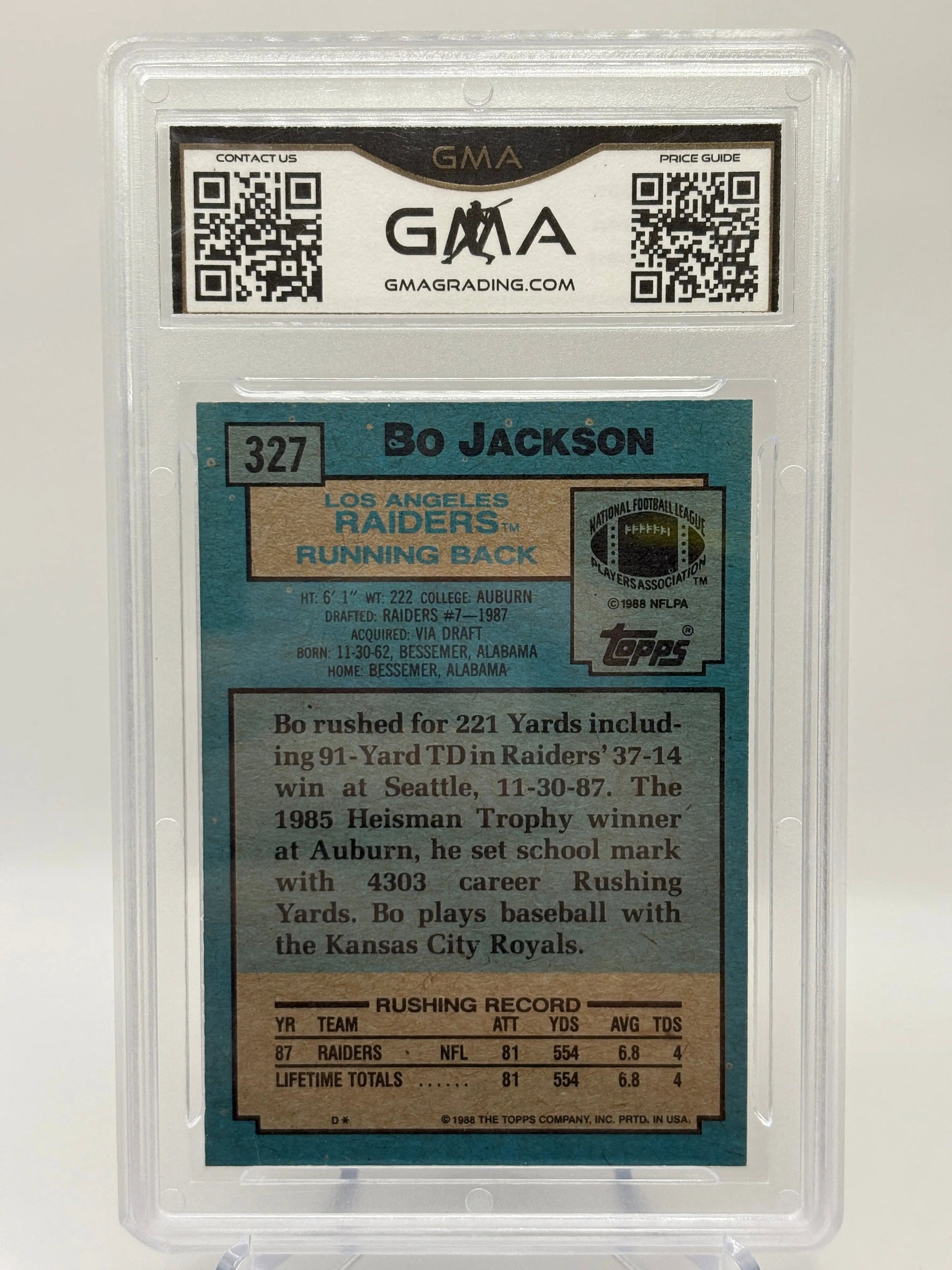 1988 Topps NFL #327 Bo Jackson Rookie Raiders GMA 10 Gem Mint FRENLY BRICKS - Open 7 Days