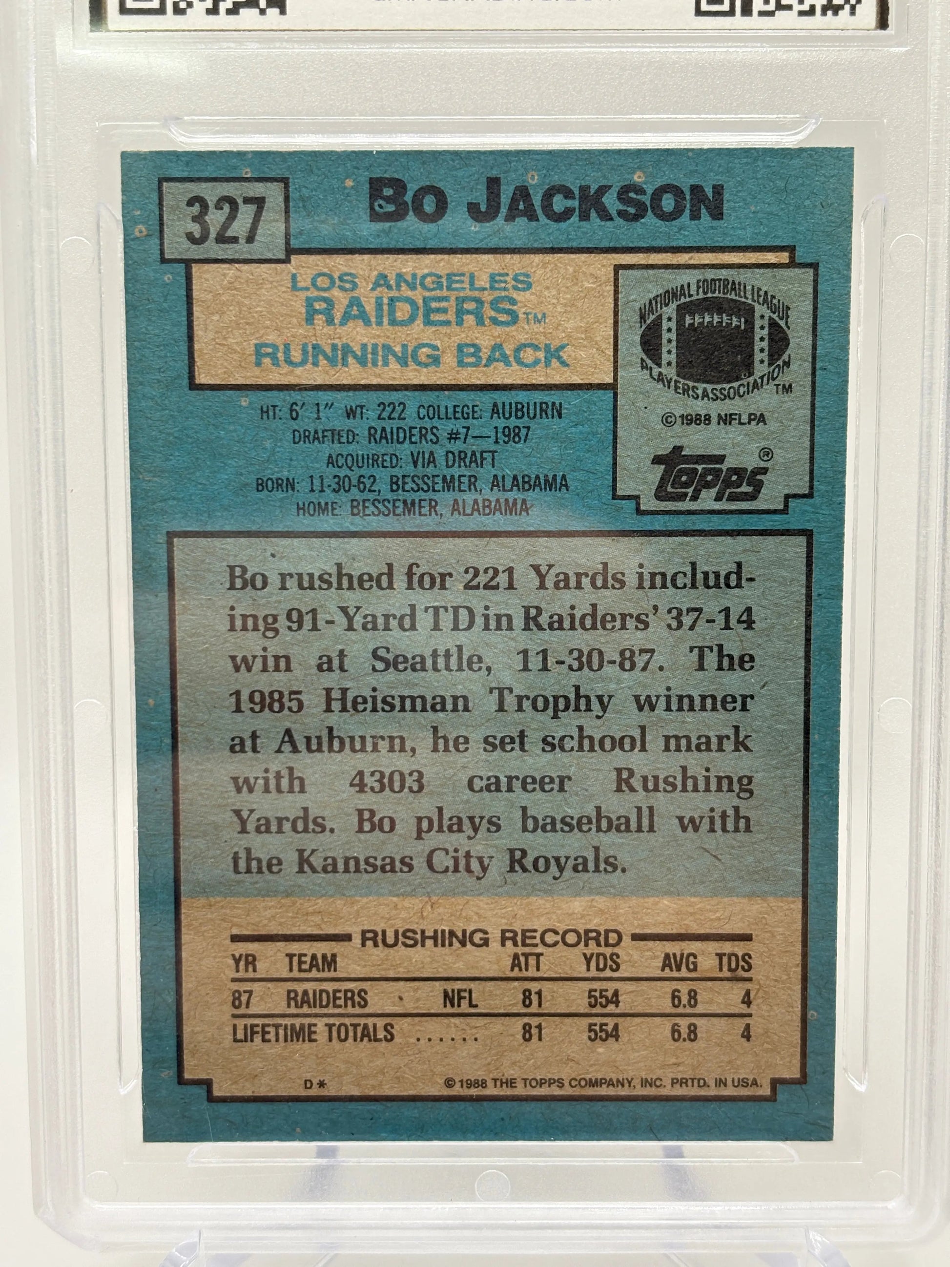 1988 Topps NFL #327 Bo Jackson Rookie Raiders GMA 10 Gem Mint FRENLY BRICKS - Open 7 Days