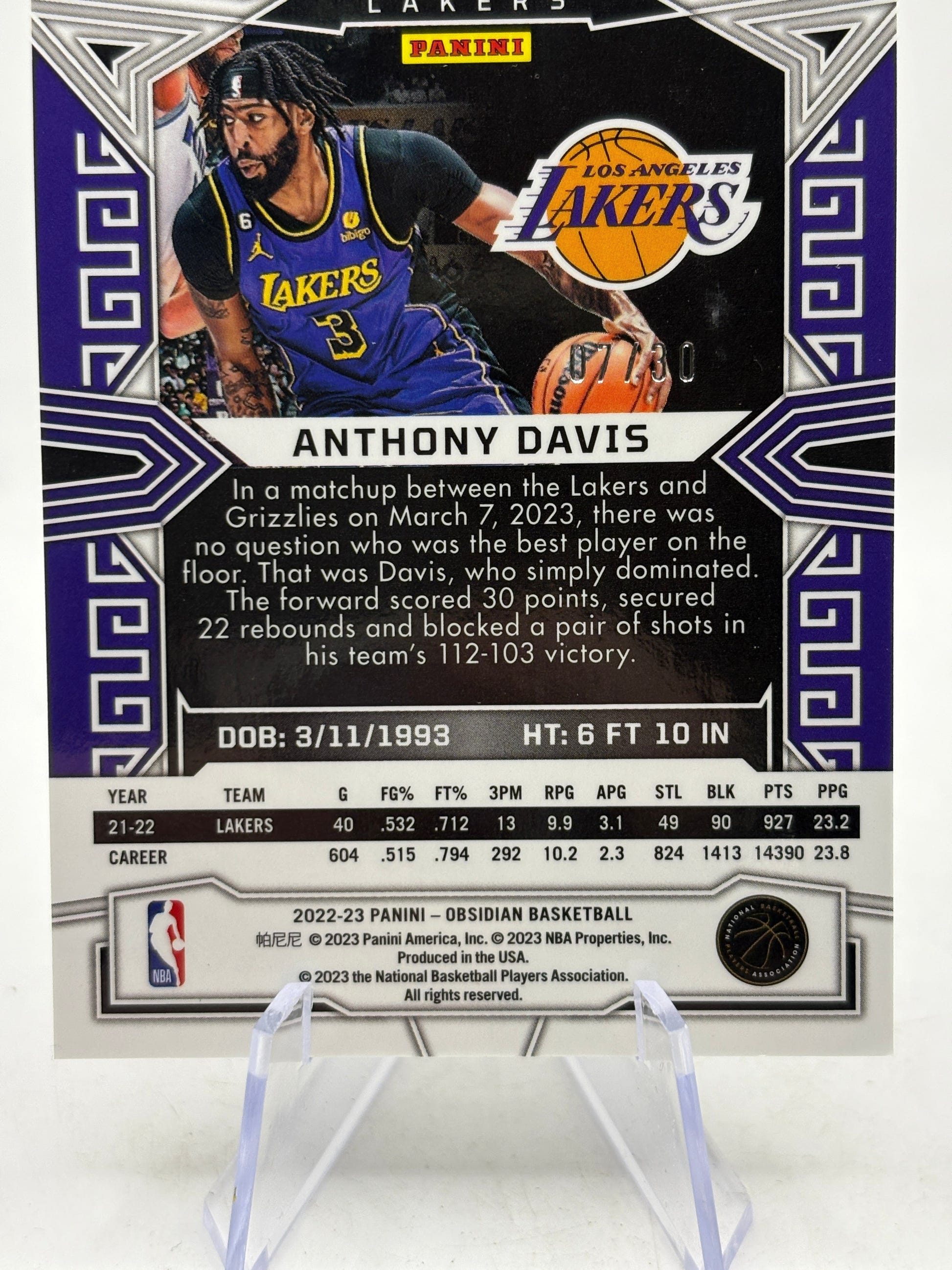 2022-23 Panini Obsidian Electric Etch Blue /30 Anthony Davis #23, photo 8 image 8
