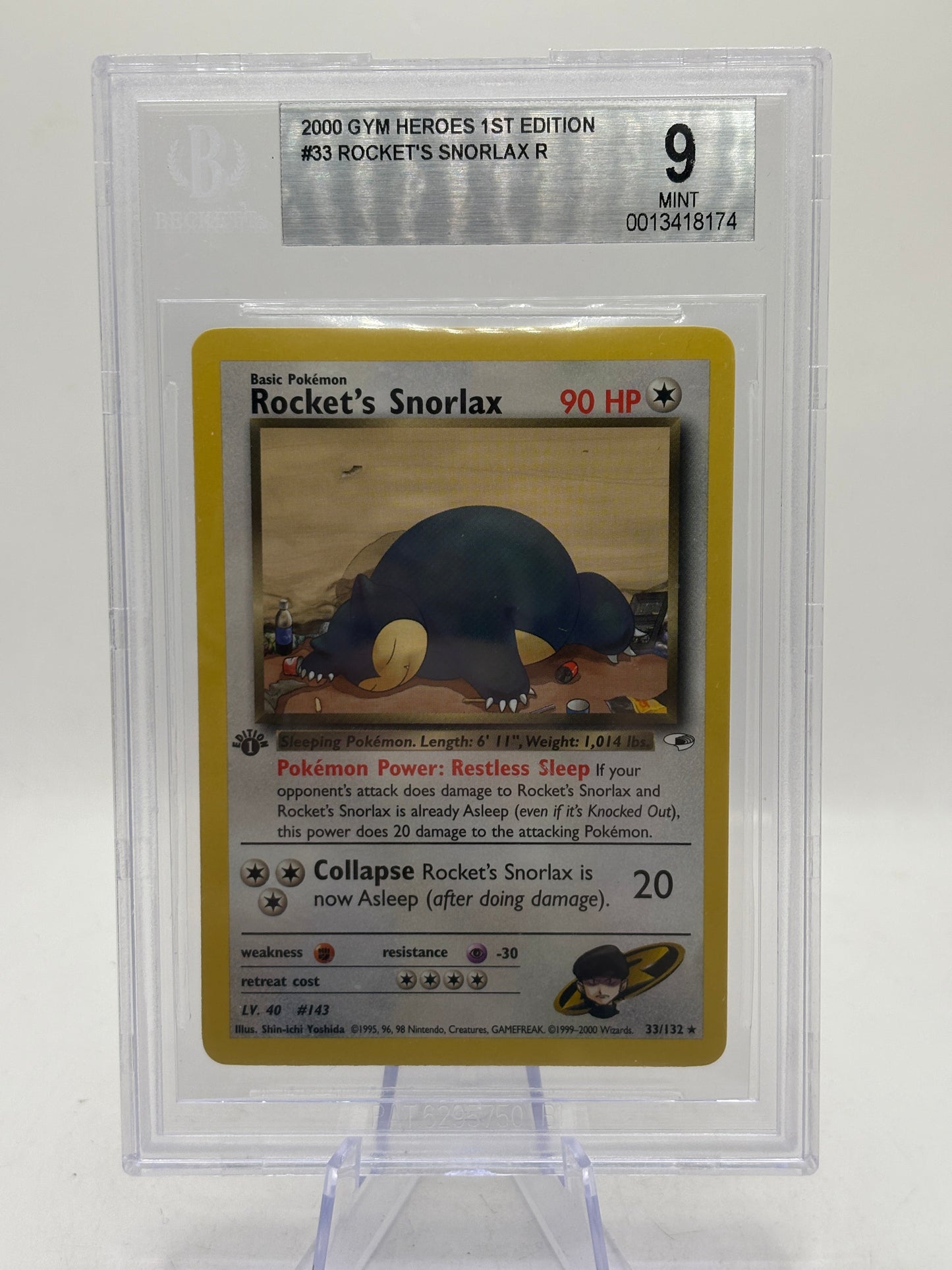 Pokemon 2000 Gym Heroes 1st Edition Rocket’s Snorlax 33/132 Rare BGS 9 Mint FRENLY BRICKS - Open 7 Days