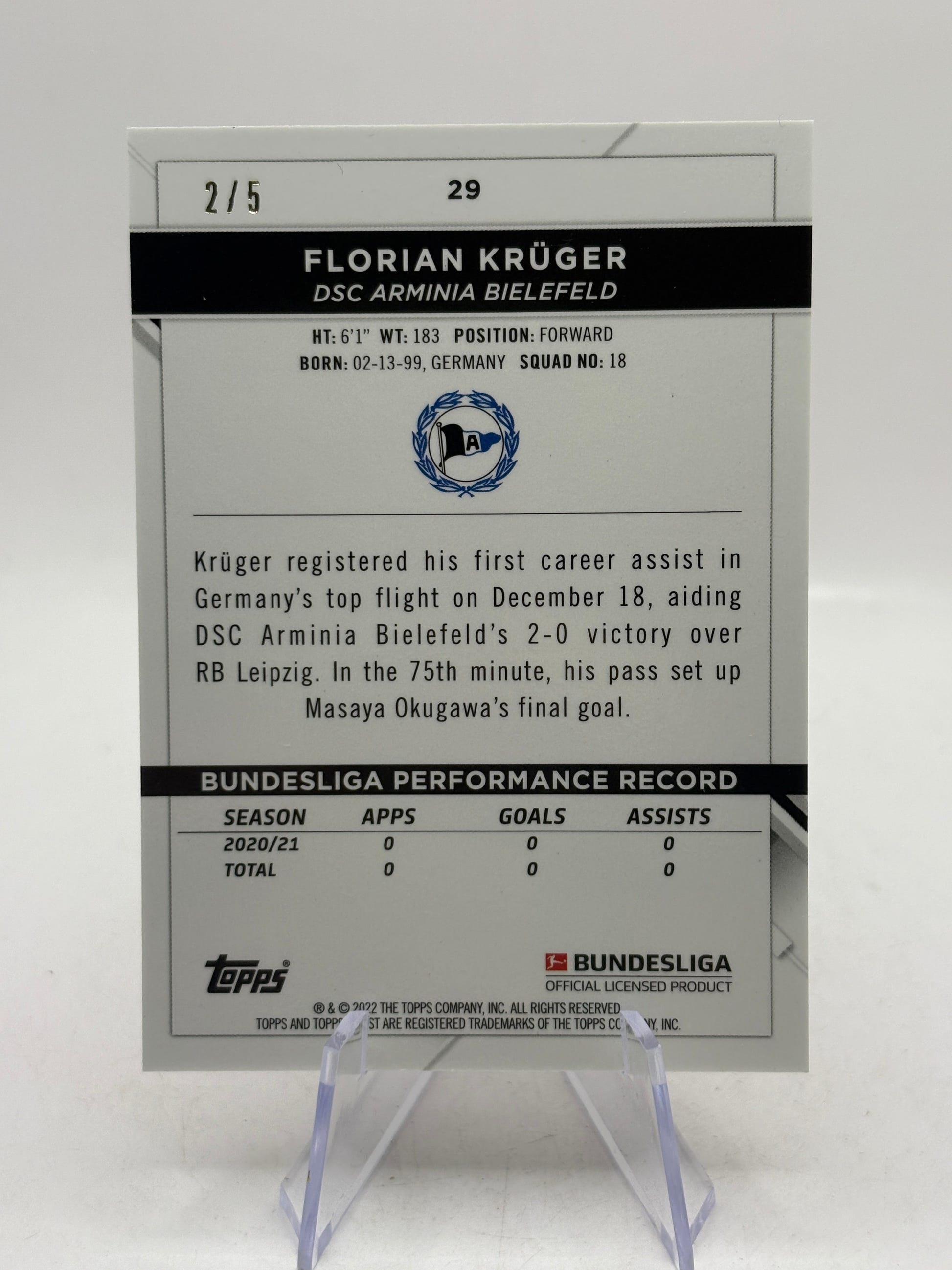 2022-23 Topps Bundesliga #29 Florian Kruger 2/5 Red Rookie FRENLY BRICKS - Open 7 Days image 2