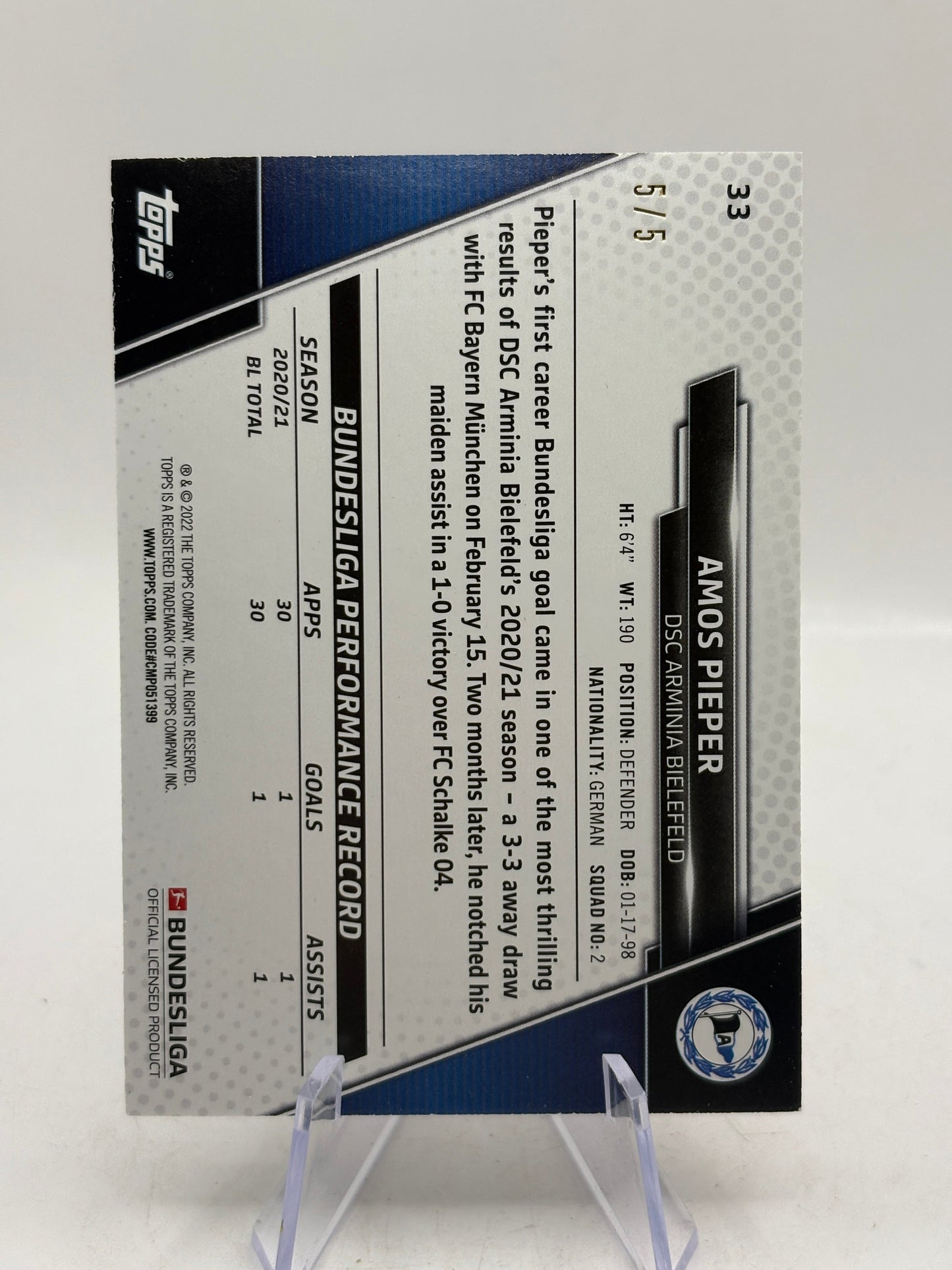2022-23 Topps Bundesliga #33 Amos Pieper 5/5 BOOK END FRENLY BRICKS - Open 7 Days