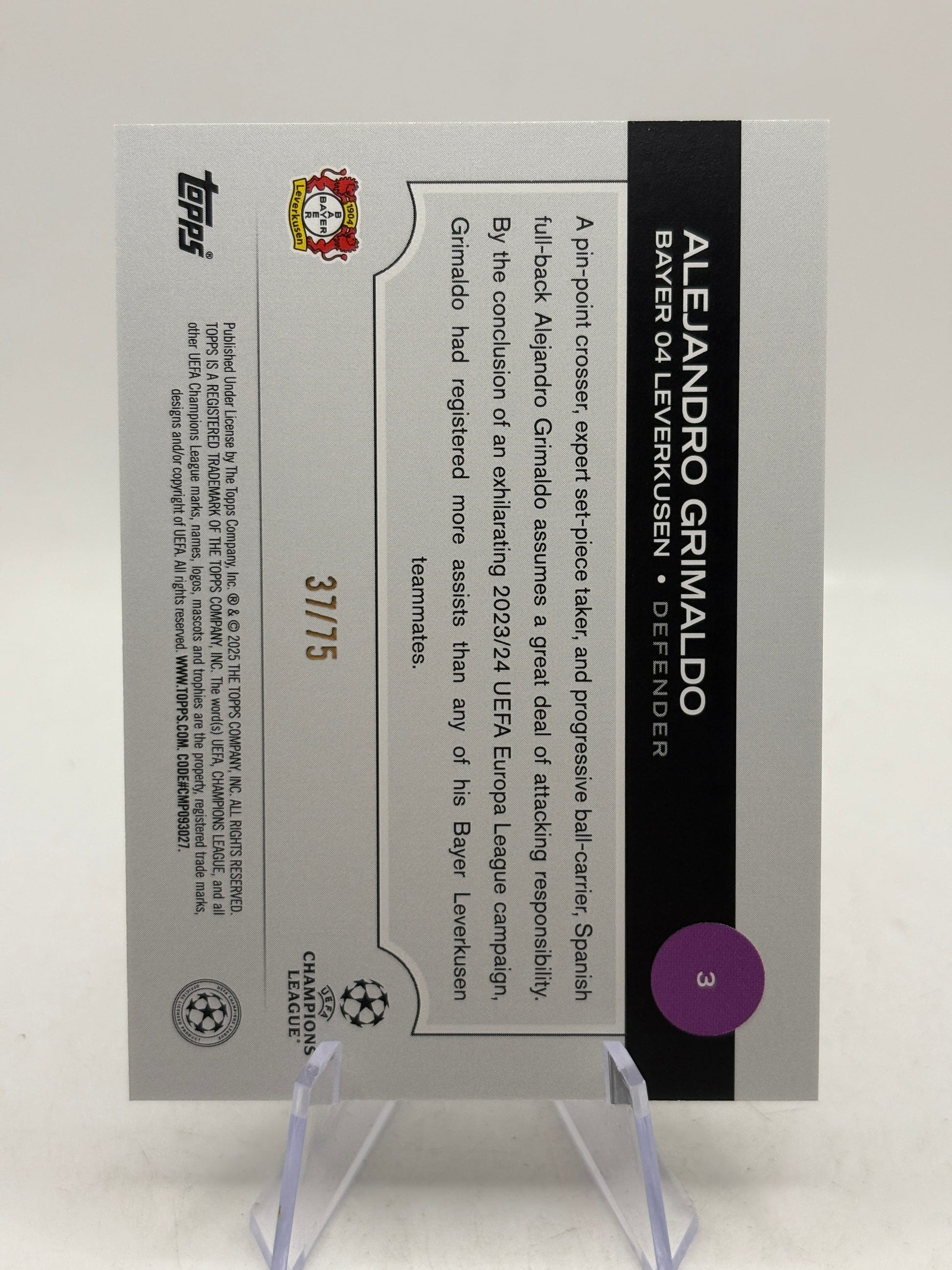2024-25 Topps UEFA Club Competitions #3 Alejandro Grimaldo Icy Blue Foil #/75 FRENLY BRICKS - Open 7 Days image 2