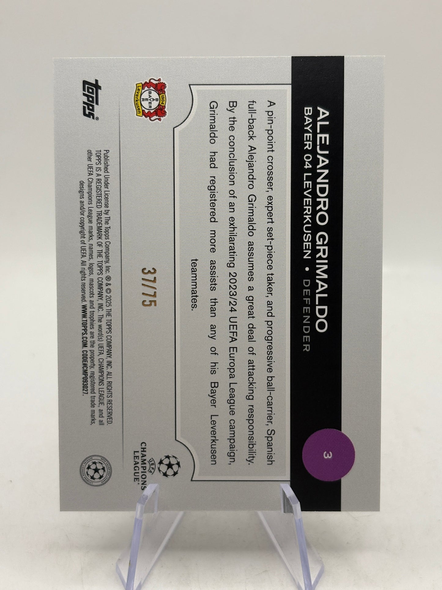 2024-25 Topps UEFA Club Competitions #3 Alejandro Grimaldo Icy Blue Foil #/75 FRENLY BRICKS - Open 7 Days