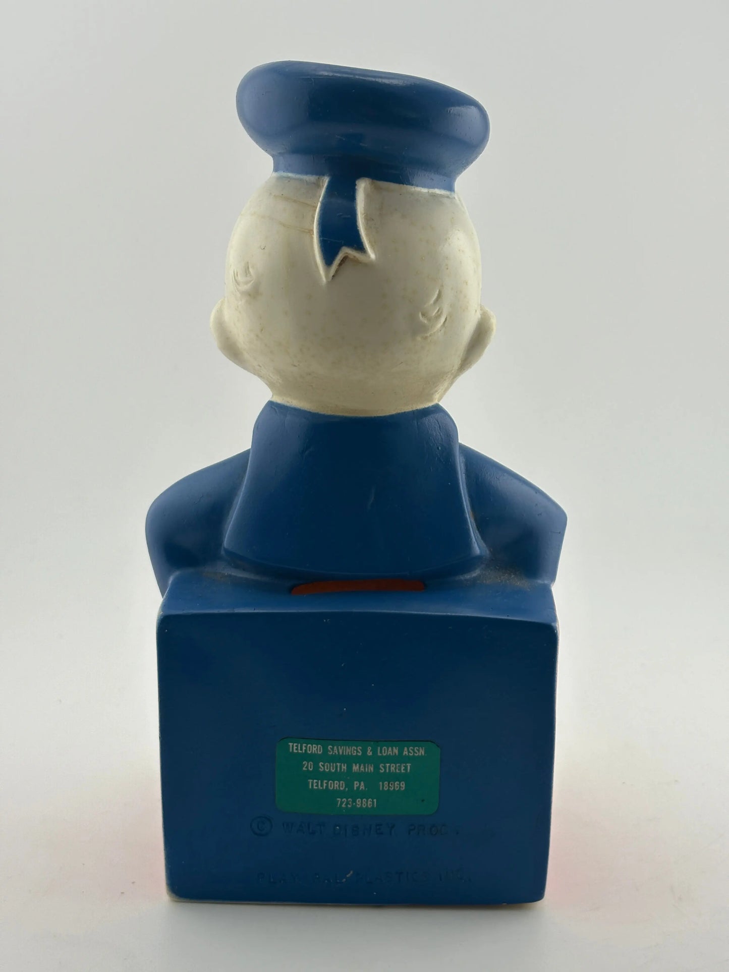 Vintage 1950's Walt Disney Productions DONALD DUCK 8" Plastic Coin Piggy Bank FRENLY BRICKS - Open 7 Days