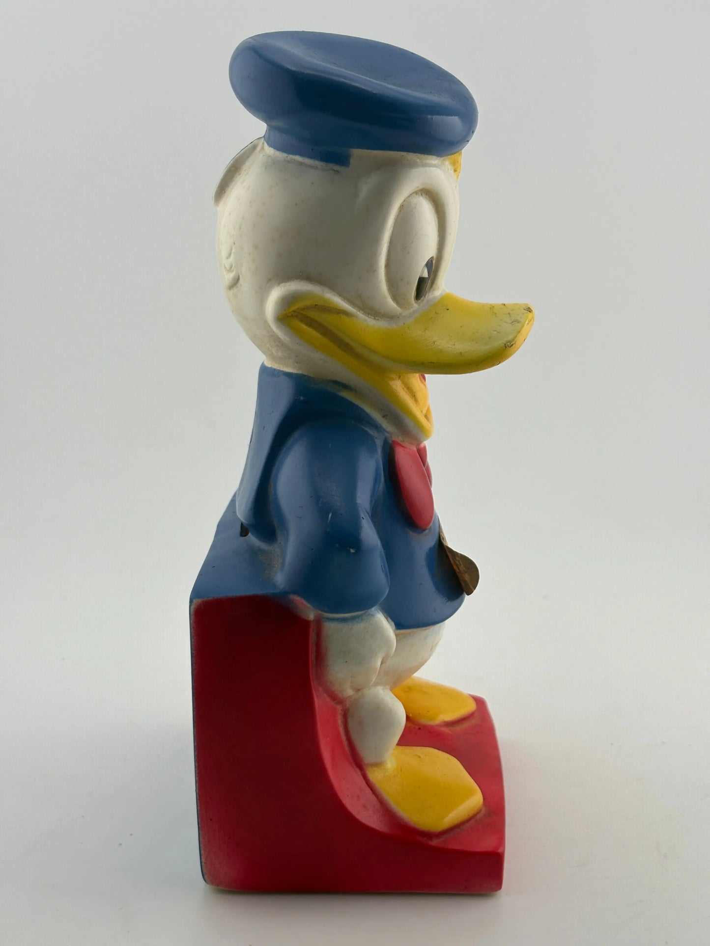 Vintage 1950's Walt Disney Productions DONALD DUCK 8" Plastic Coin Piggy Bank FRENLY BRICKS - Open 7 Days