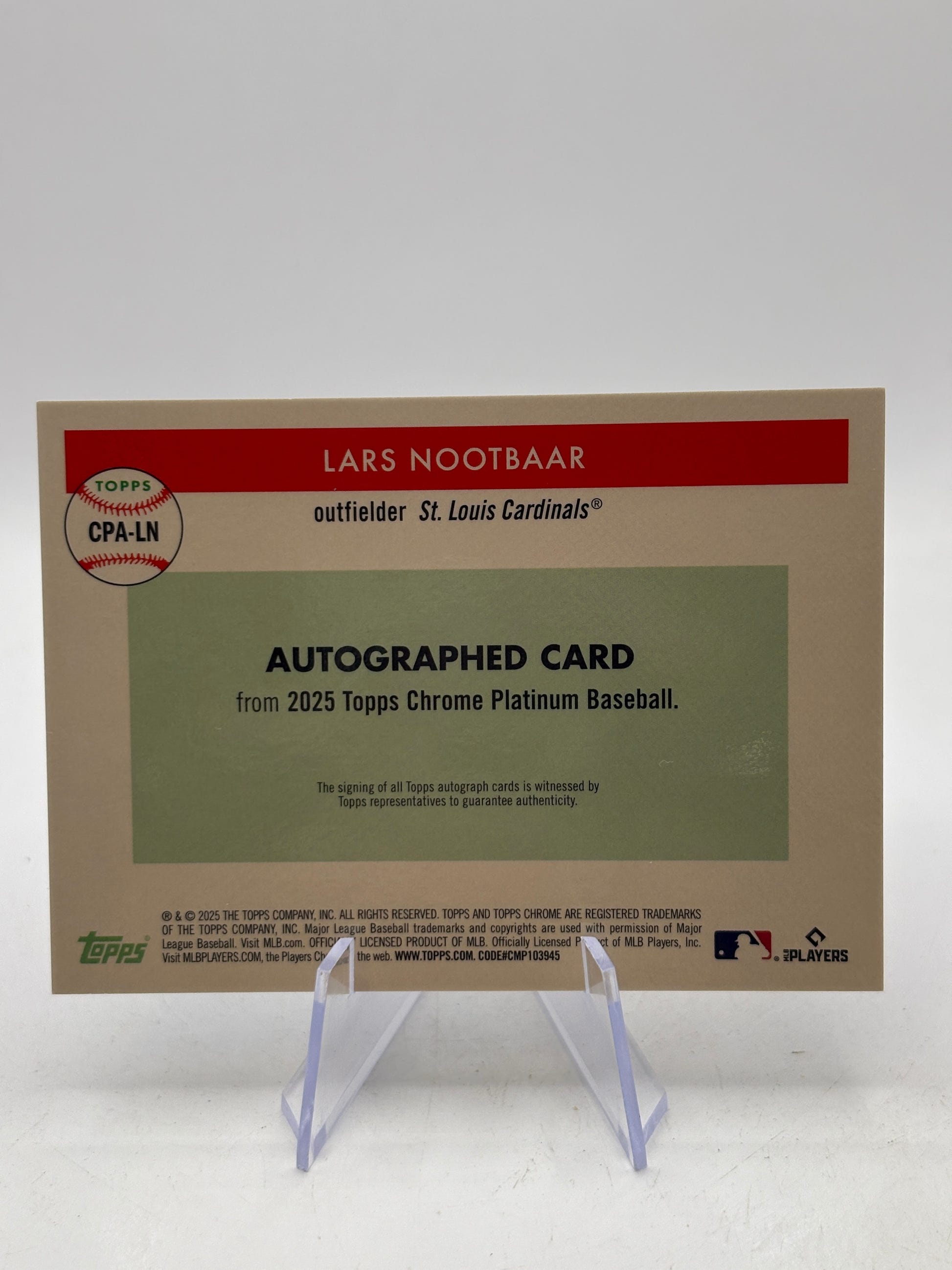 2025 Topps Chrome Platinum Lars Nootbaar Auto Cream/Blue Refractor #/99 image 2