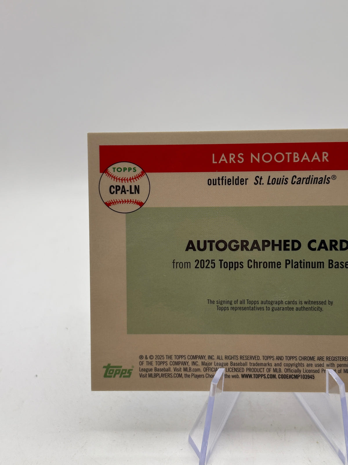 2025 Topps Chrome Platinum Lars Nootbaar Auto Cream/Blue Refractor #/99 image 3