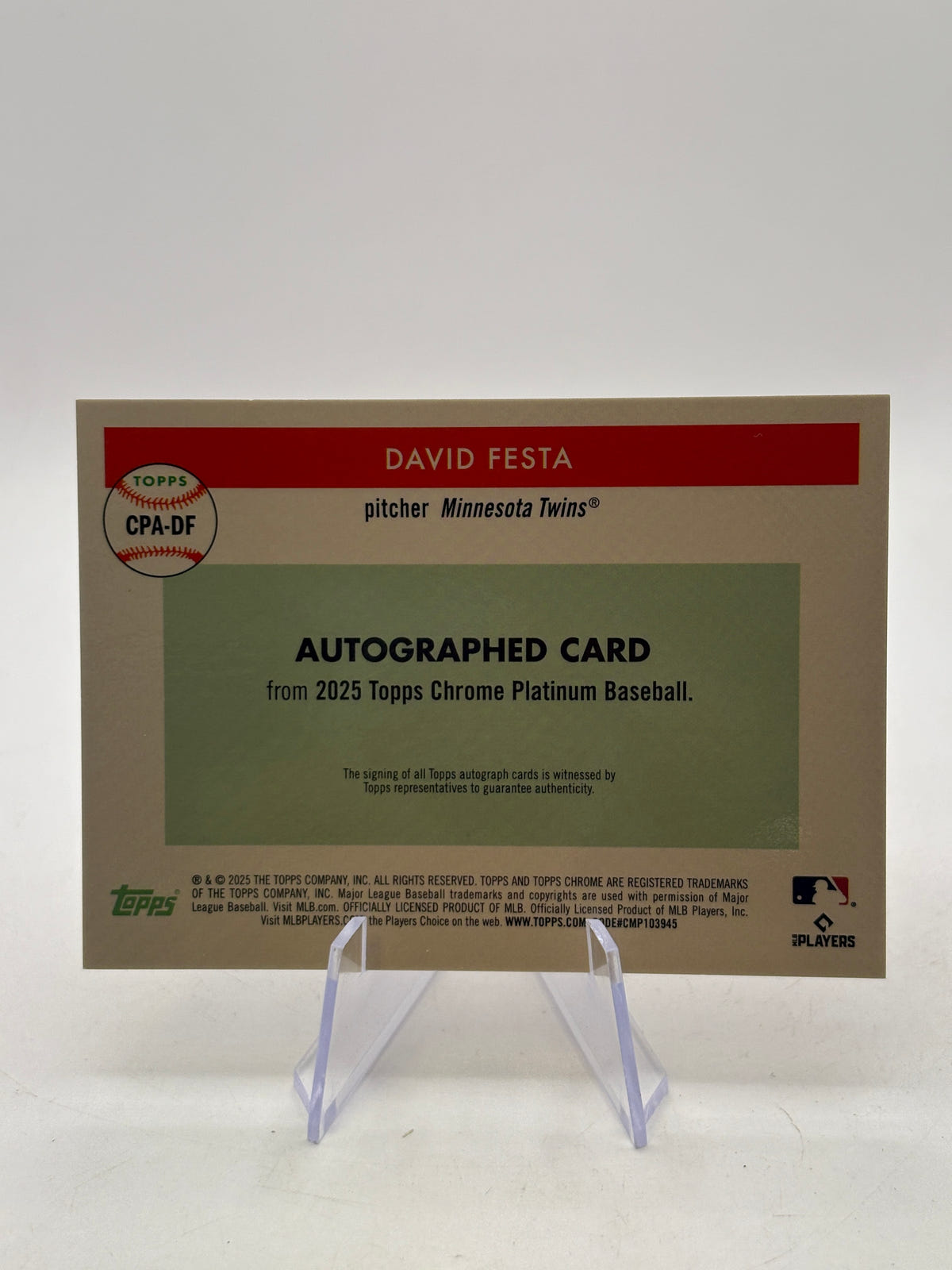 DAVID FESTA 2025 Topps Chrome Platinum Orange Auto /25 RC Twins #CPA-DF image 2