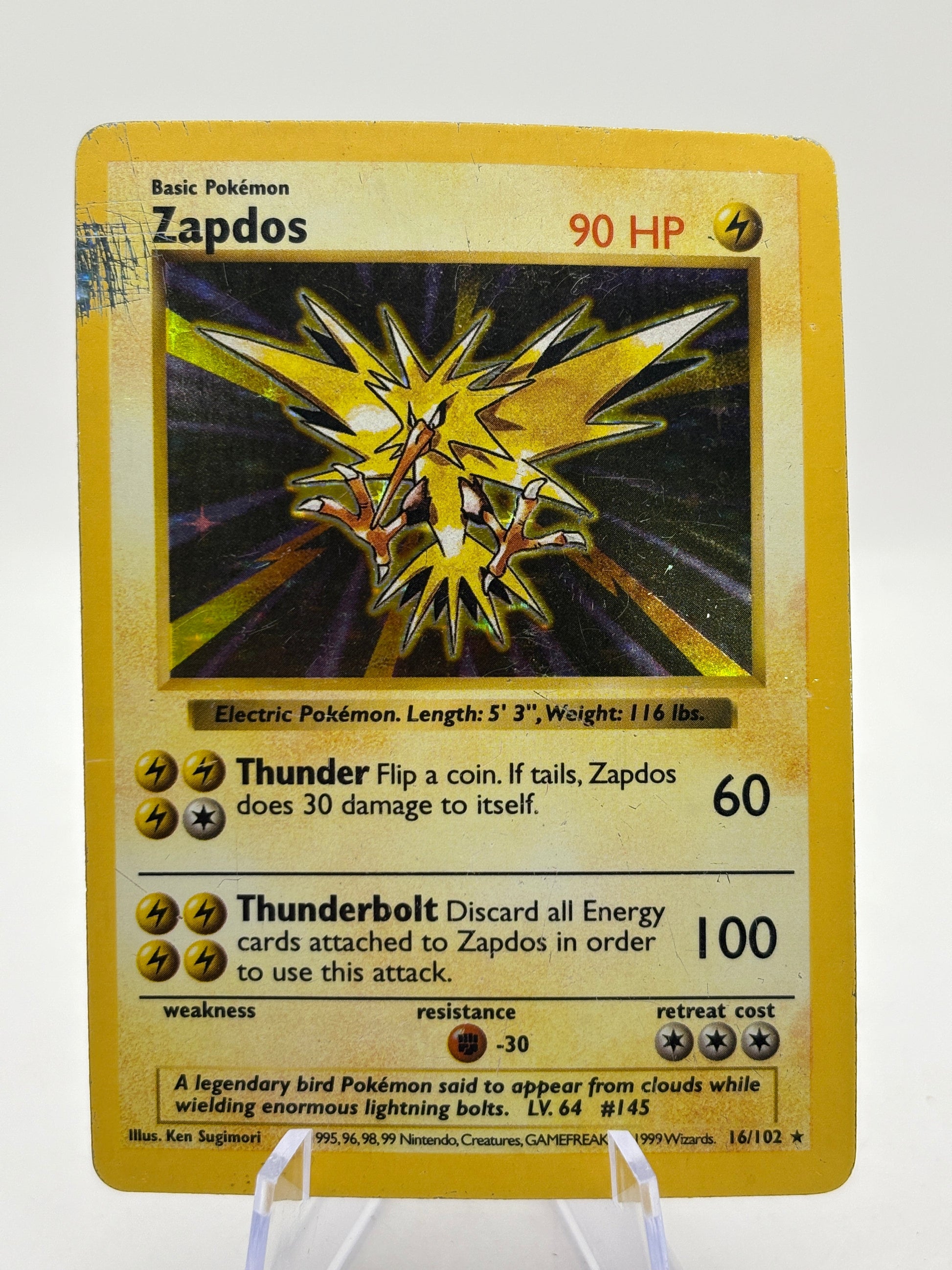 Pokemon TCG WOTC Base Set Shadowless - Zapdos 16/102 Rare Holo Heavy Played FRENLY BRICKS - Open 7 Days