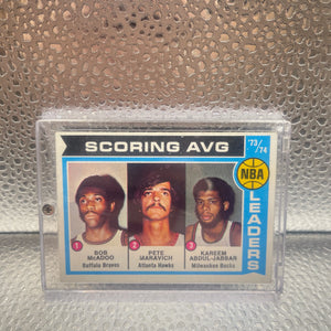 1974-75 Topps 144 NBA '73-74 Scoring Leaders McAdoo / Abdul-Jabbar / Maravich FRENLY BRICKS - Open 7 Days
