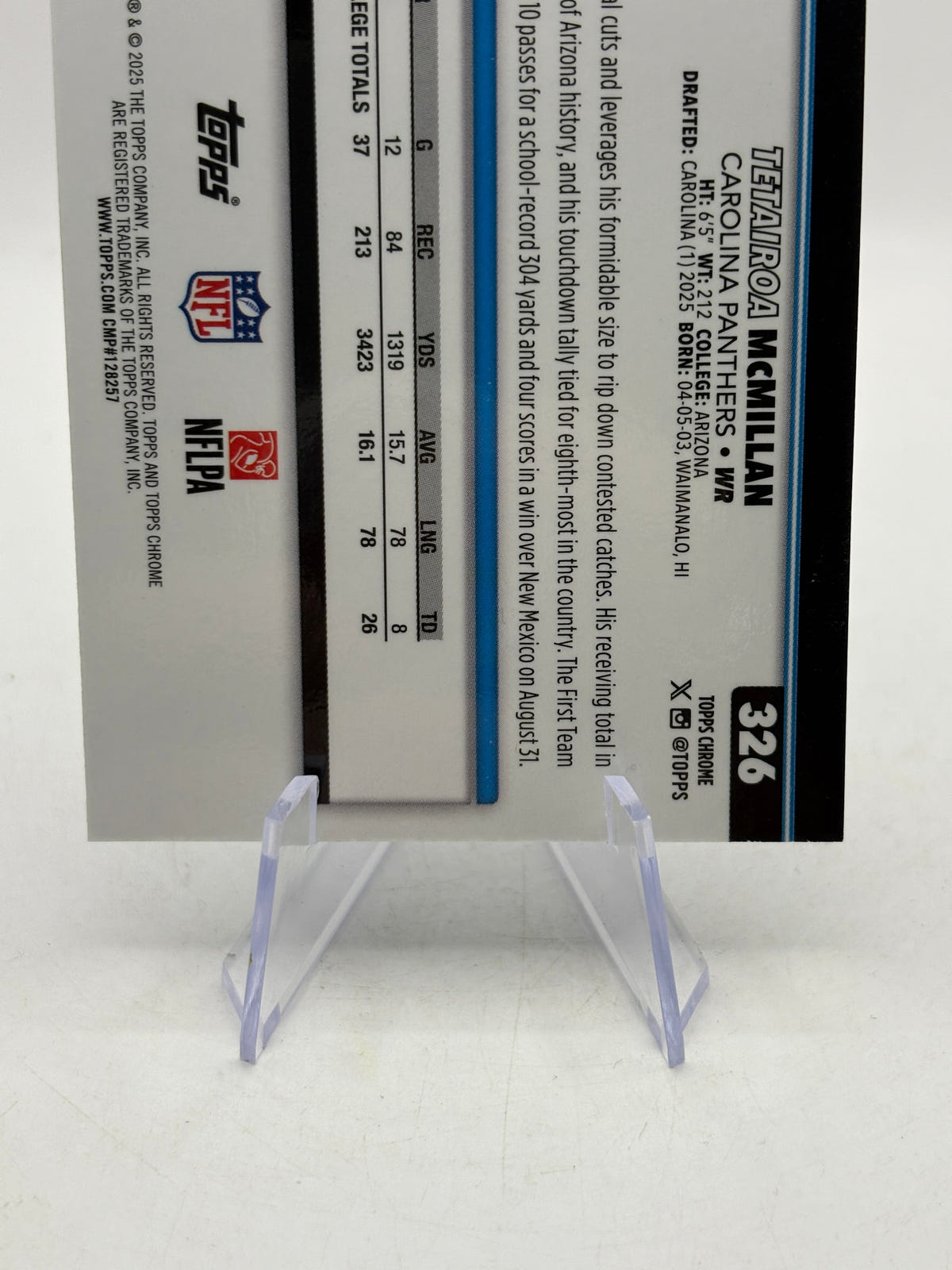2025 Topps Chrome Football - Tetairoa McMillan Blue Leather /150 Rookie, photo 4 image 4