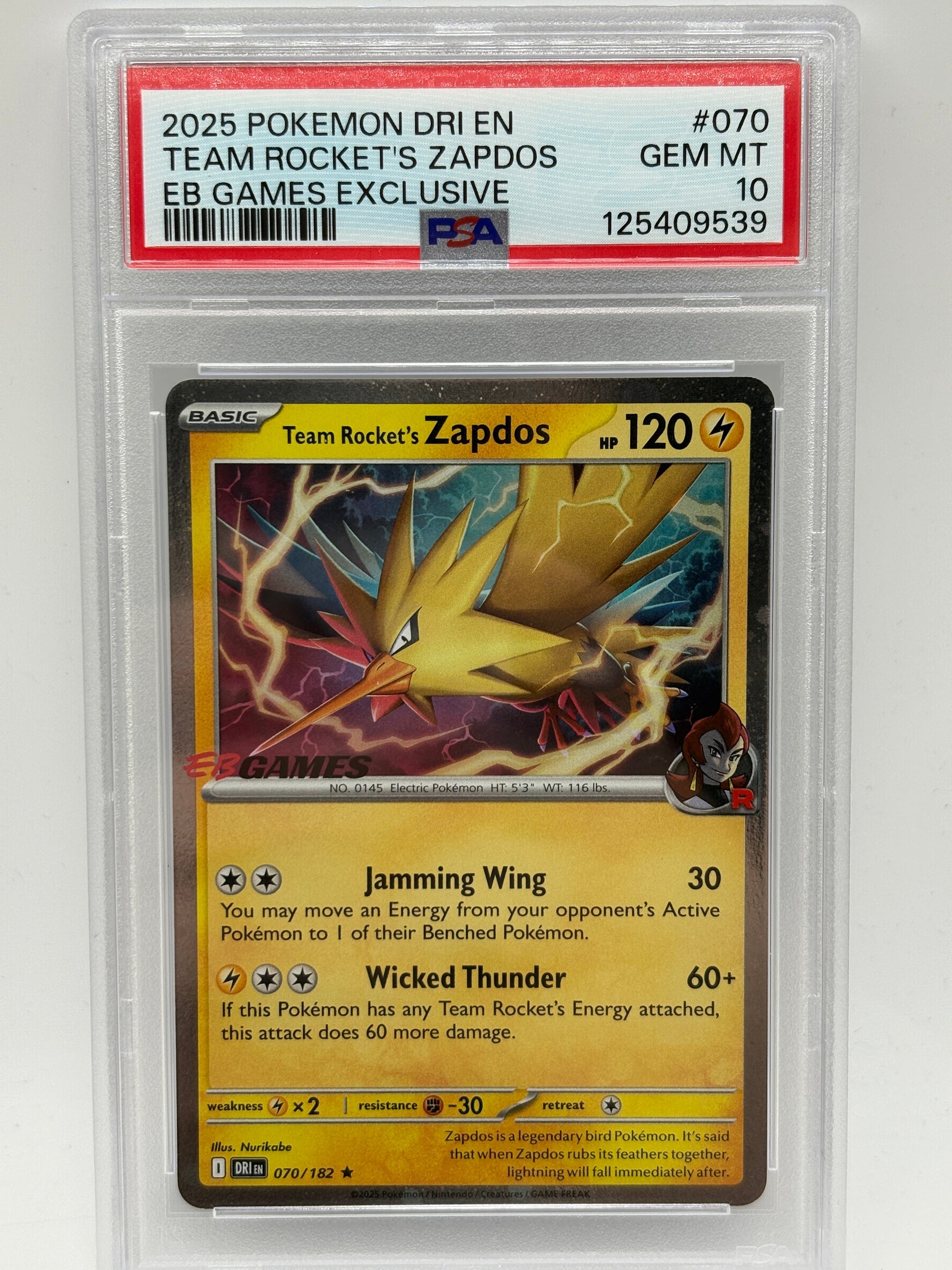 2025 Pokemon Destined Rivals - Team Rocket’s Zapdos 070/182 EB Games PSA 10 FRENLY BRICKS - Open 7 Days