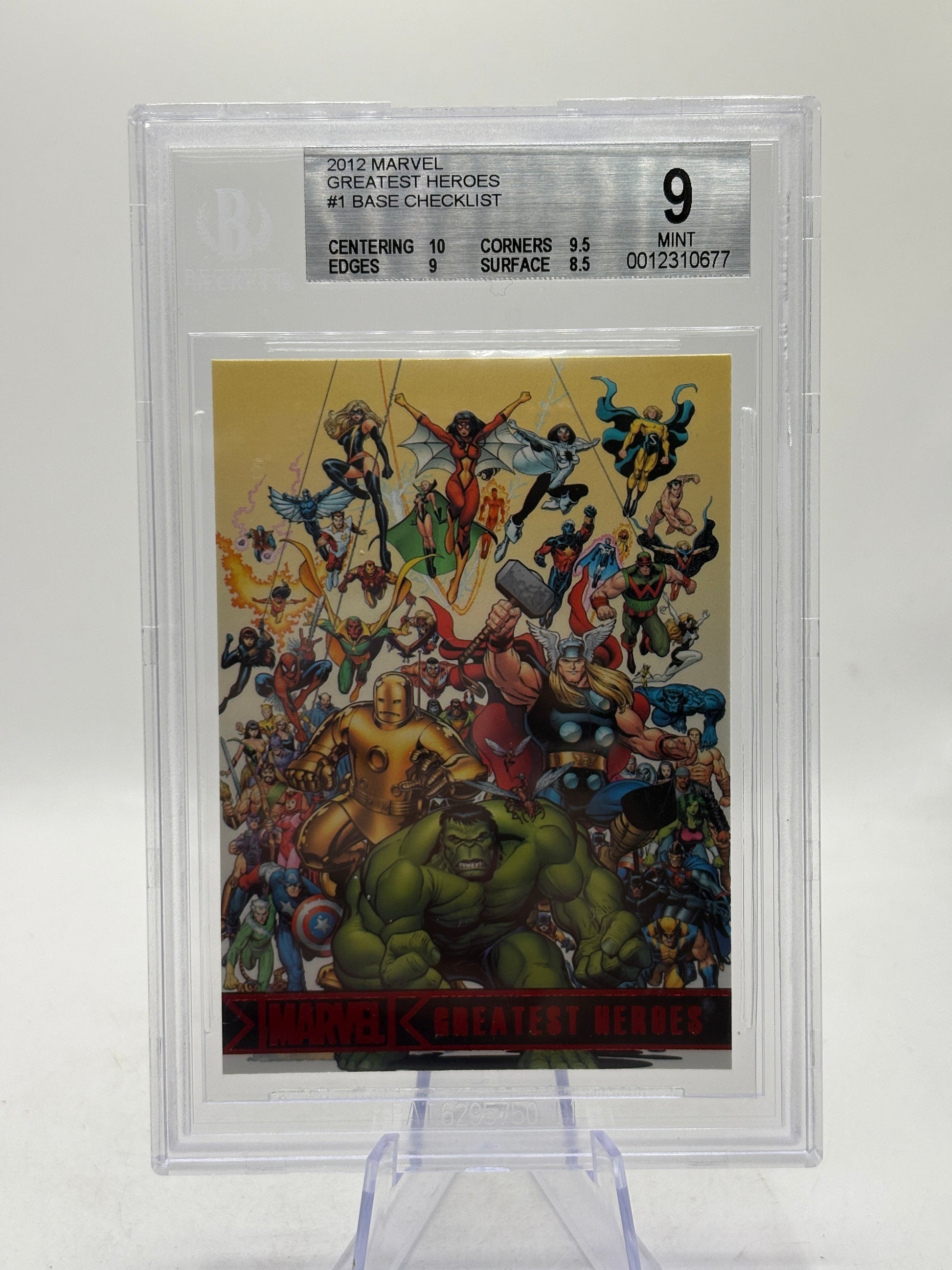 2012 Marvel Greatest Heroes #1 Base Checklist BGS 9 Mint FRENLY BRICKS - Open 7 Days