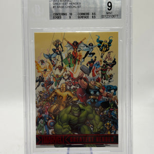 2012 Marvel Greatest Heroes #1 Base Checklist BGS 9 Mint FRENLY BRICKS - Open 7 Days