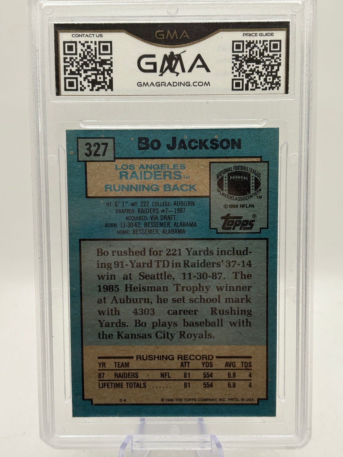 1988 Topps NFL Bo Jackson #327 Rookie Card GMA 10 Gem Mint, photo 4 image 4