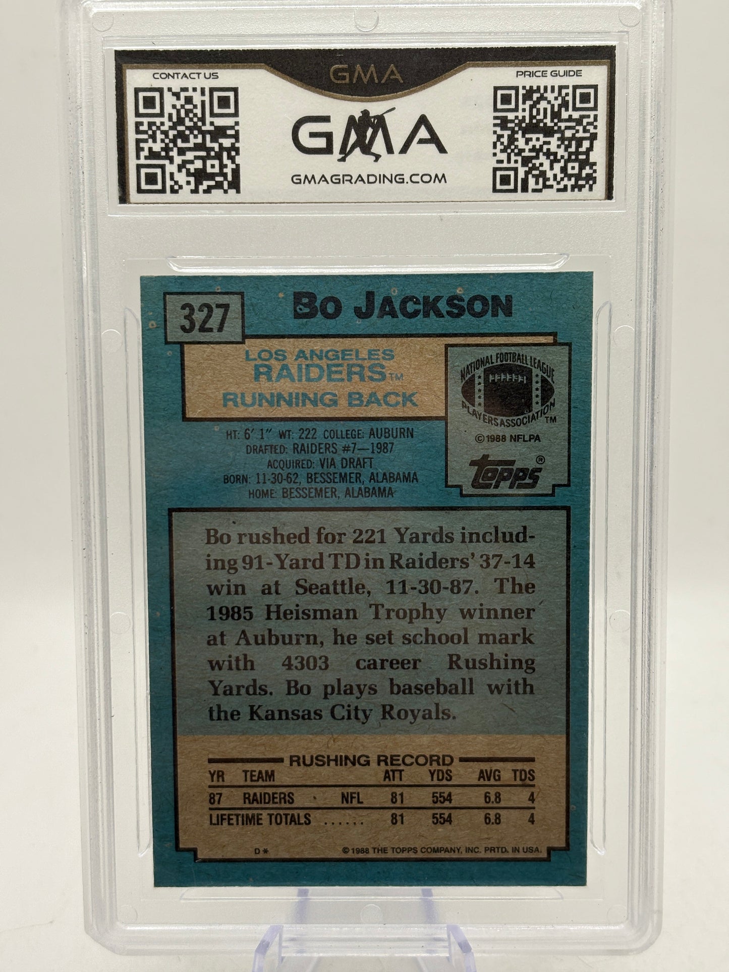 1988 Topps NFL Bo Jackson #327 Rookie Card GMA 10 Gem Mint