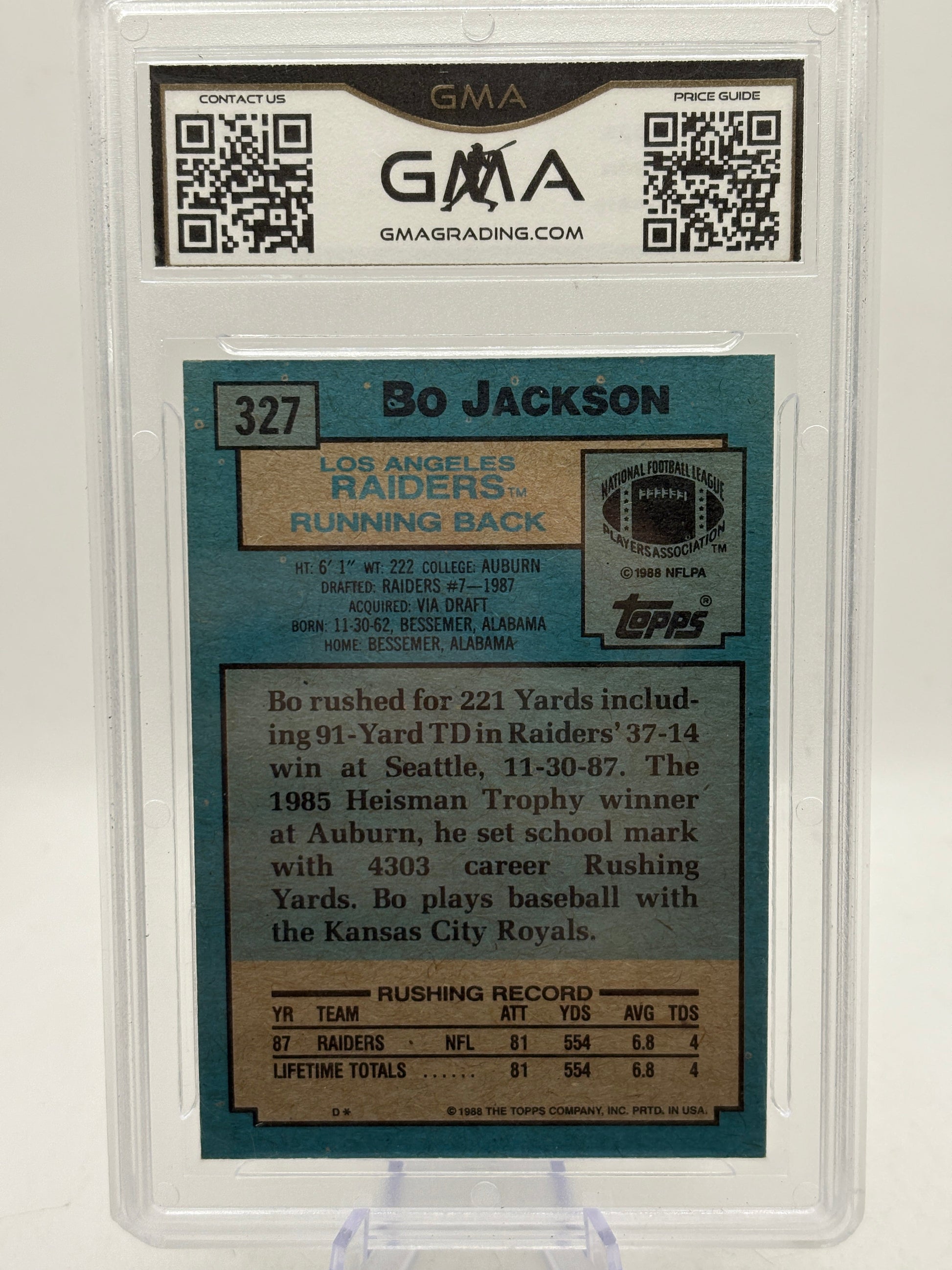 1988 Topps NFL Bo Jackson #327 Rookie Card GMA 10 Gem Mint