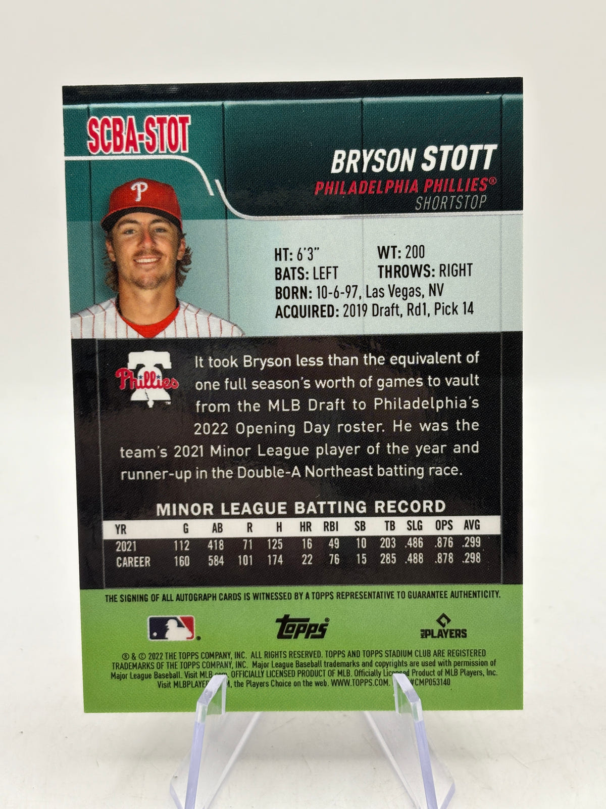 2022 Stadium Club MLB Bryson Scott Rookie Auto SCBA-STOT NM, photo 2 image 2