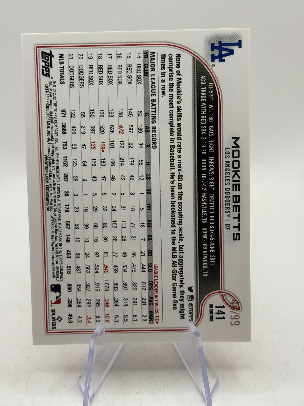 2022 Topps MLB - #141 Mookie Betts UK Edition Red /99 NM, photo 2 image 2