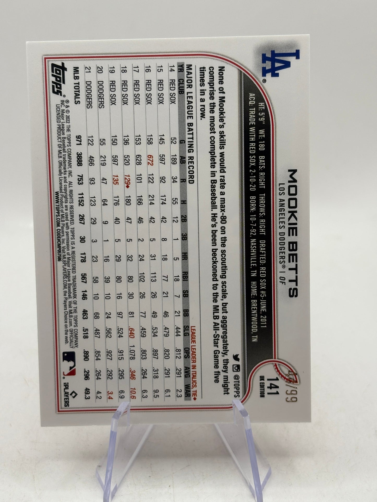 2022 Topps MLB - #141 Mookie Betts UK Edition Red /99 image 2