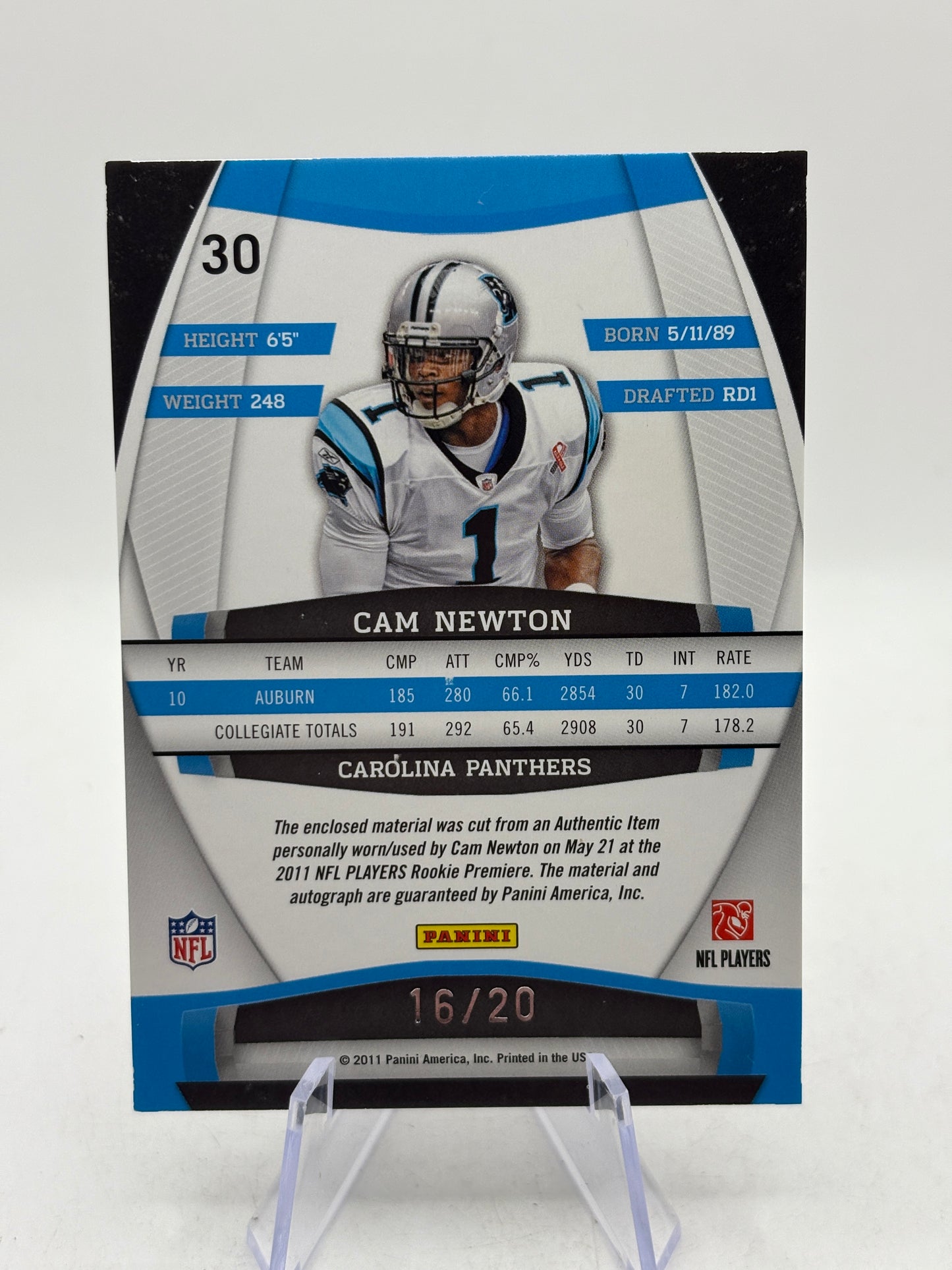 2011 Panini Gridiron Gear - Cam Newton Rookie Gridiron Gems 16/20 Auto image 6